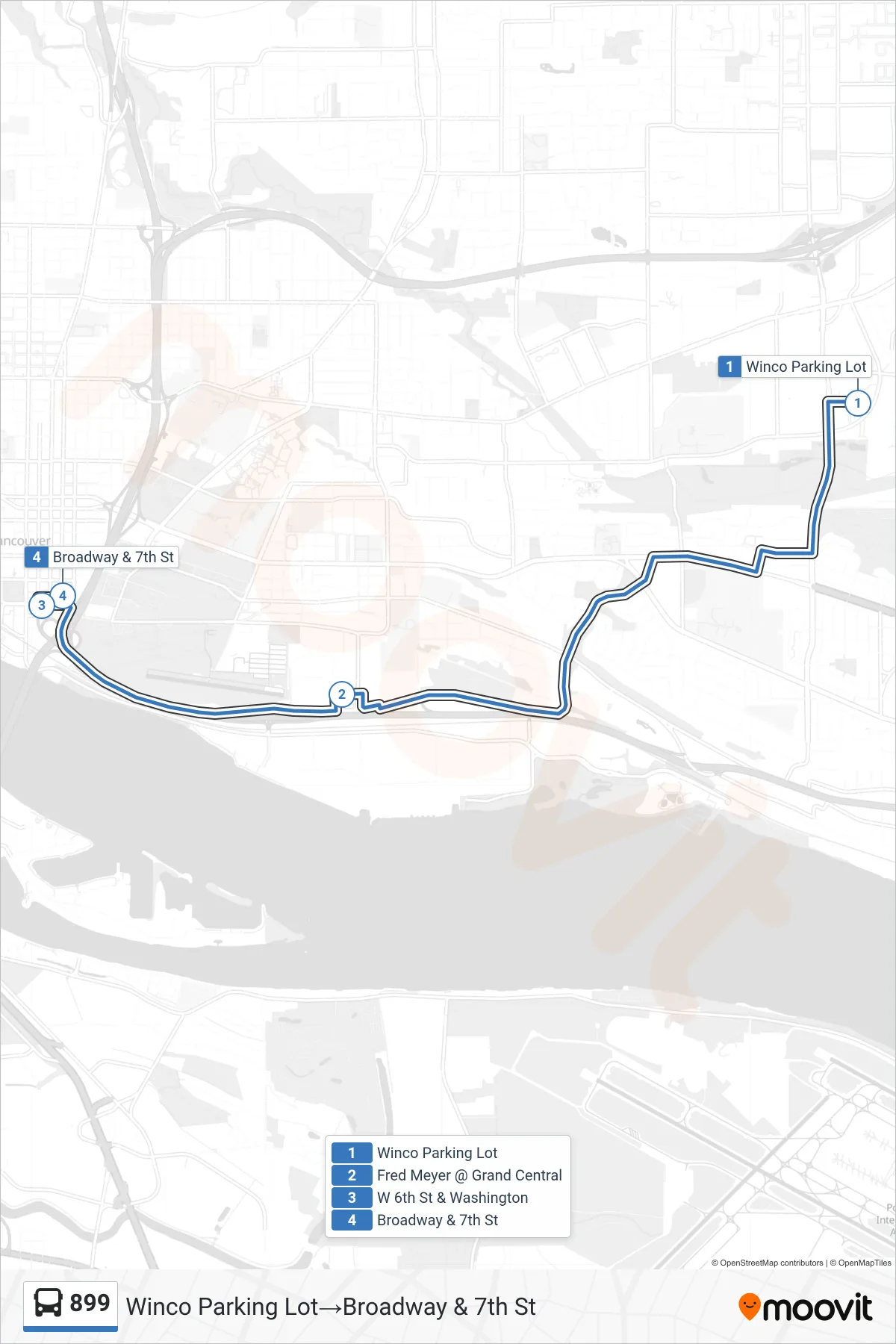 899 bus Line (Winco Parking Lot→Broadway & 7th St) route and stops on a map