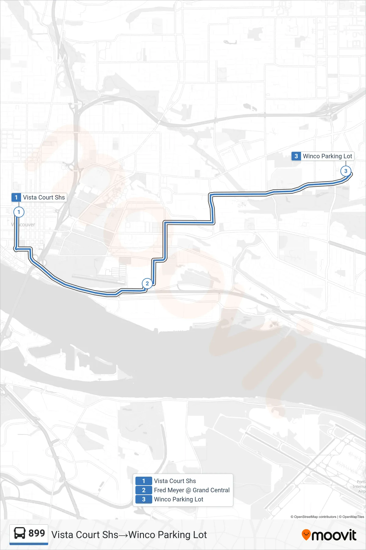 899 bus Line (Vista Court Shs‎→Winco Parking Lot) route and stops on a map