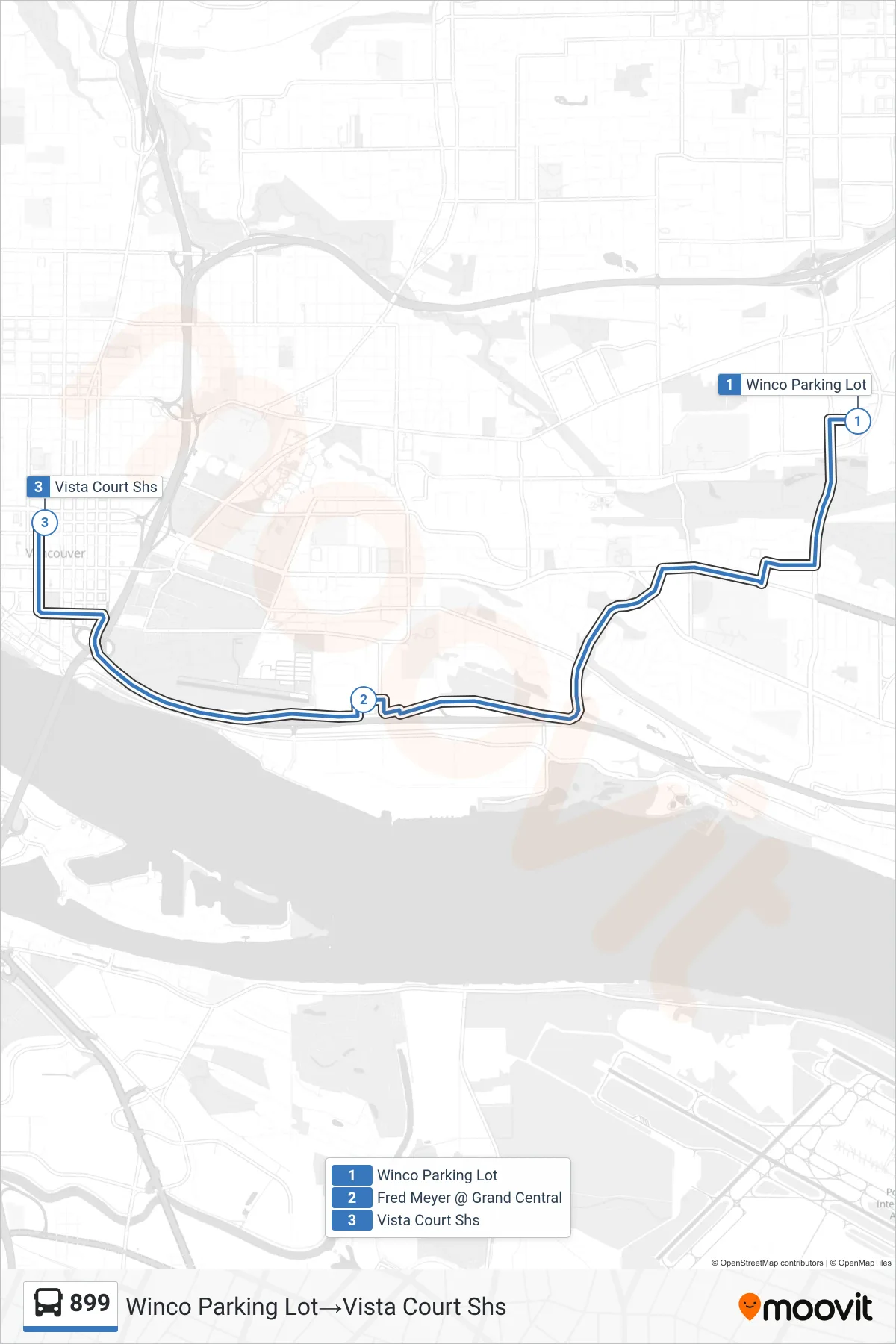 899 bus Line (Winco Parking Lot→Vista Court Shs) route and stops on a map