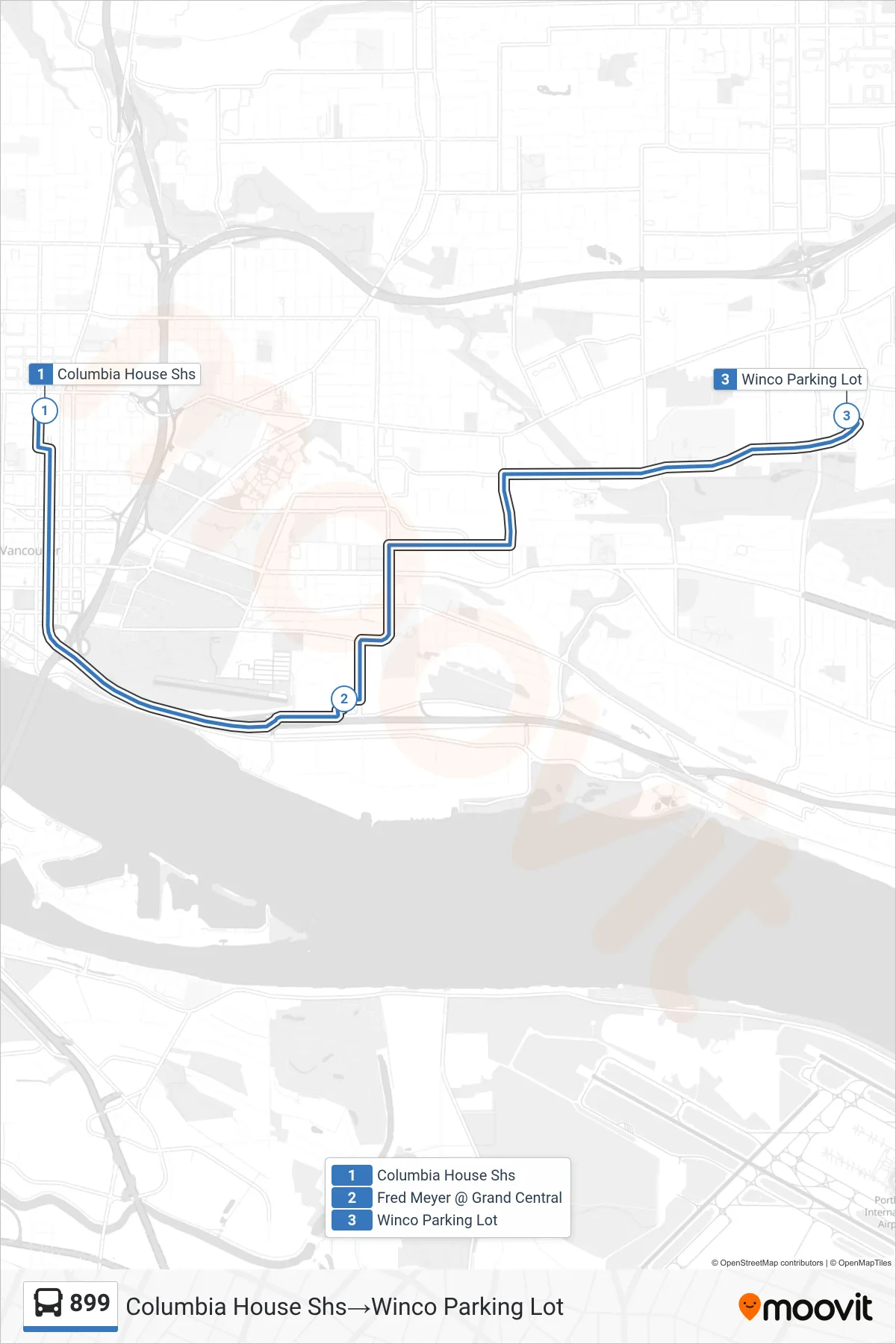 899 bus Line (Columbia House Shs→Winco Parking Lot) route and stops on a map