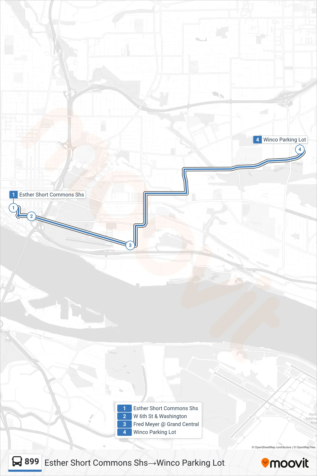 899 bus Line (Esther Short Commons Shs→Winco Parking Lot) route and stops on a map