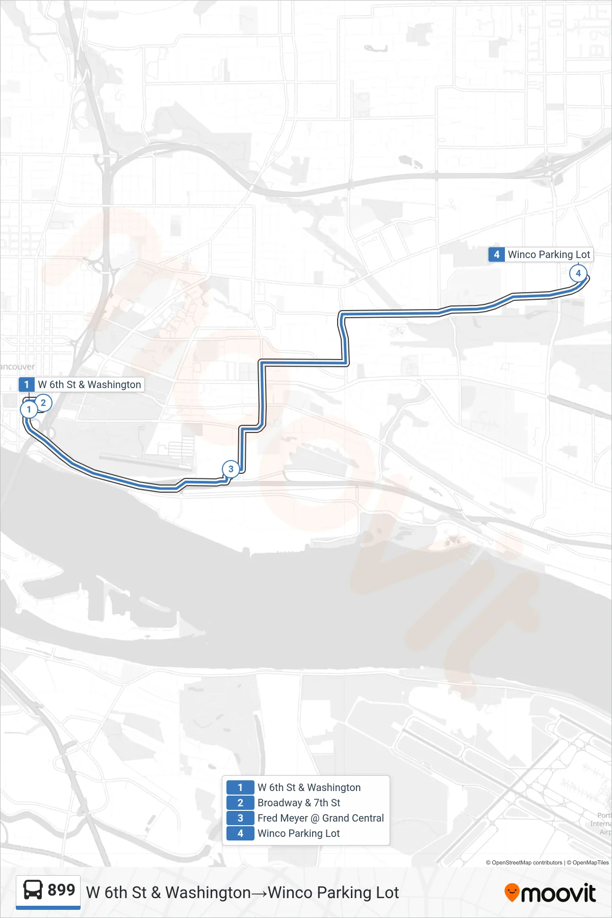 899 bus Line (W 6th St & Washington→Winco Parking Lot) route and stops on a map