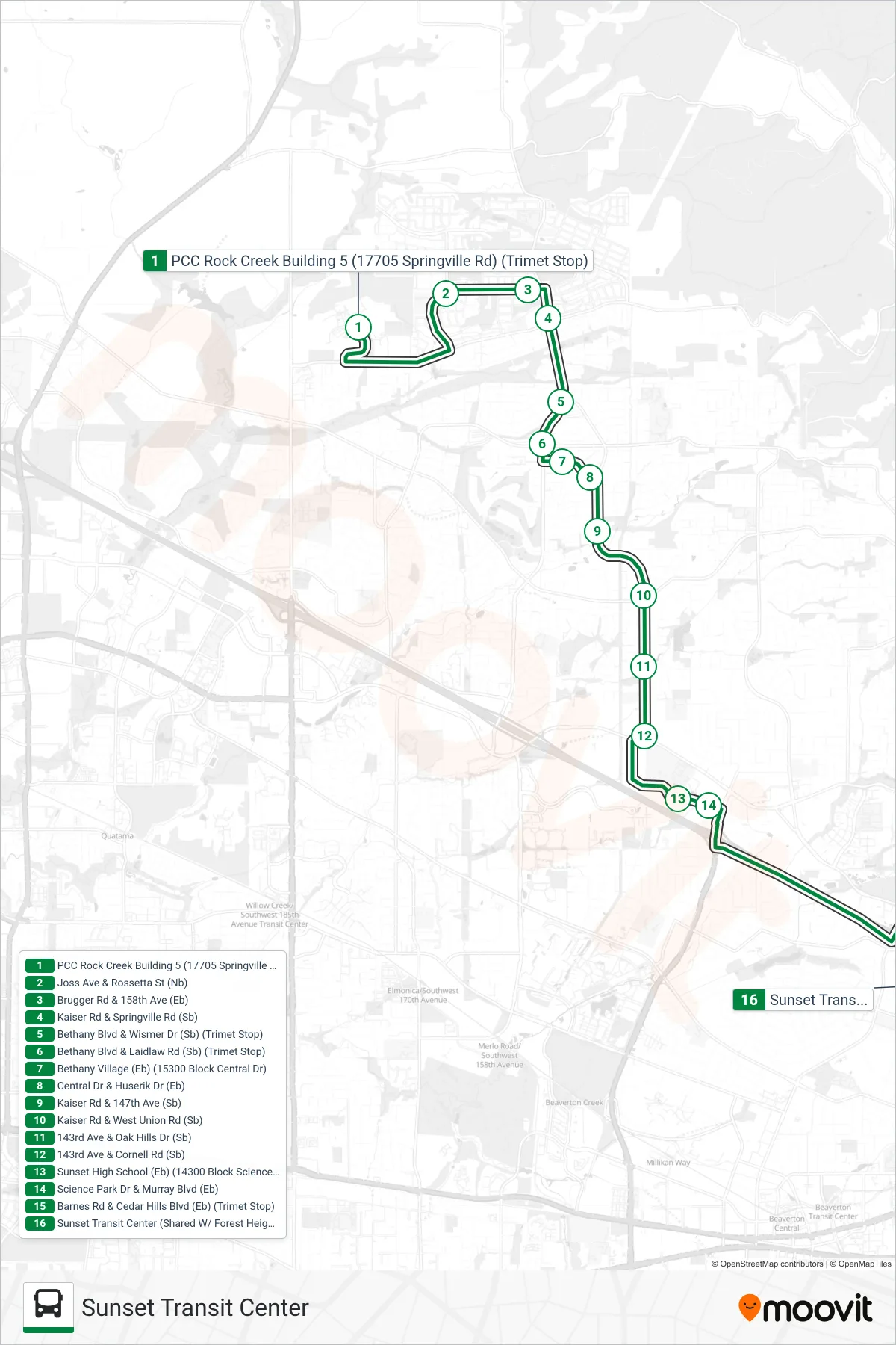 BETHANYLINK bus Line (Sunset Transit Center) route and stops on a map
