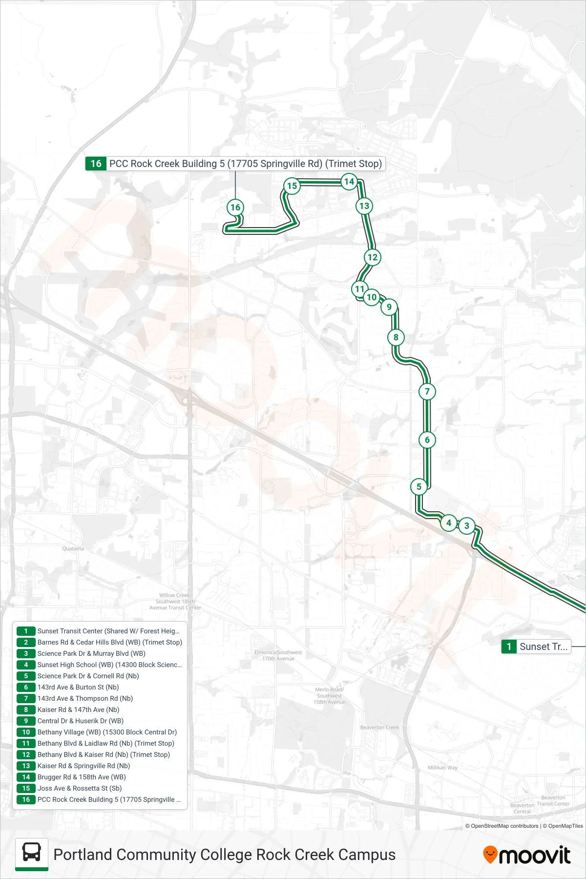 BETHANYLINK bus Line (Portland Community College Rock Creek Campus) route and stops on a map