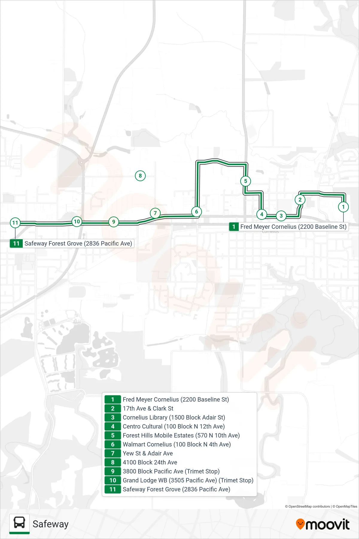 CORNELIUSLINK bus Line (Safeway) route and stops on a map