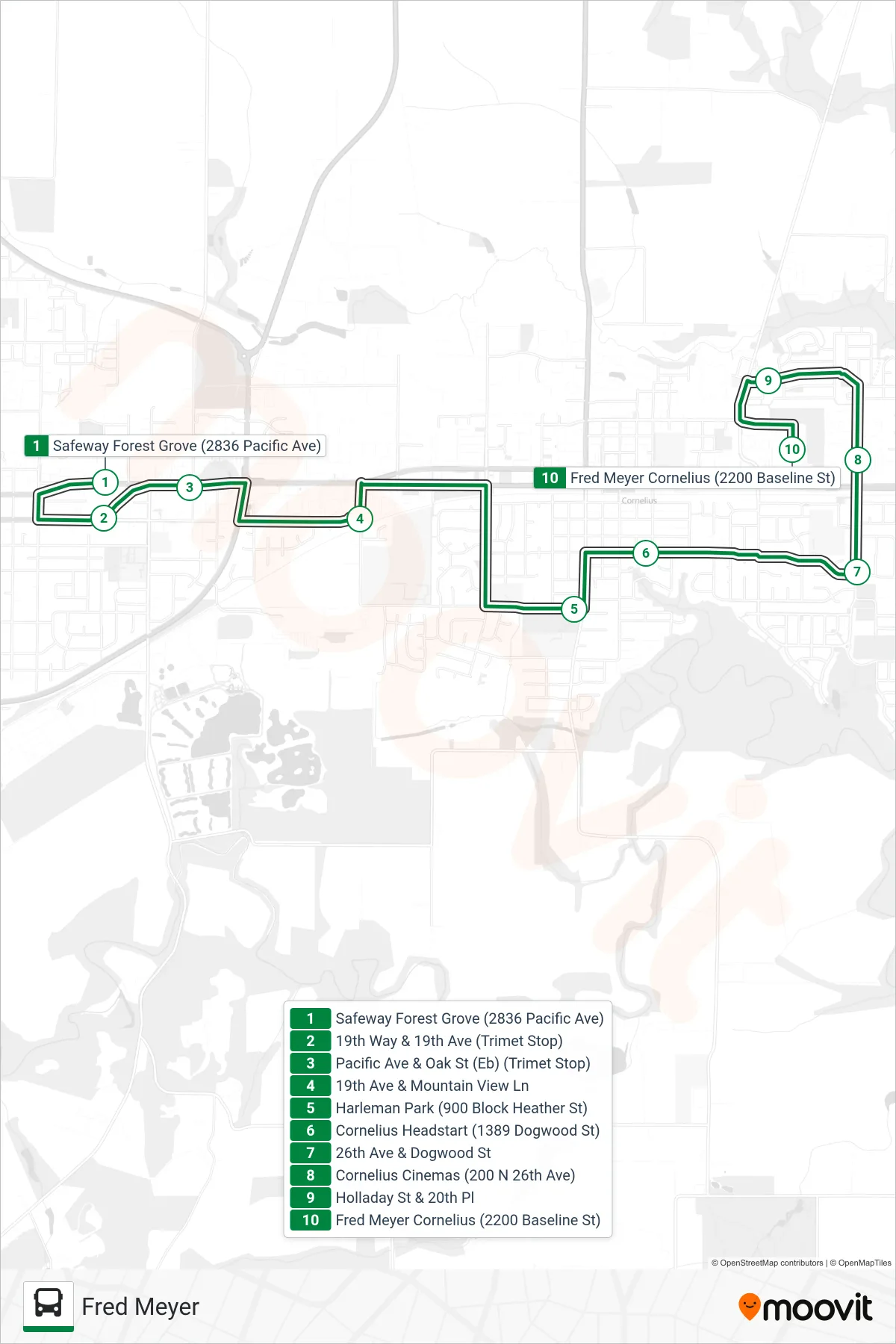 CORNELIUSLINK bus Line (Fred Meyer) route and stops on a map