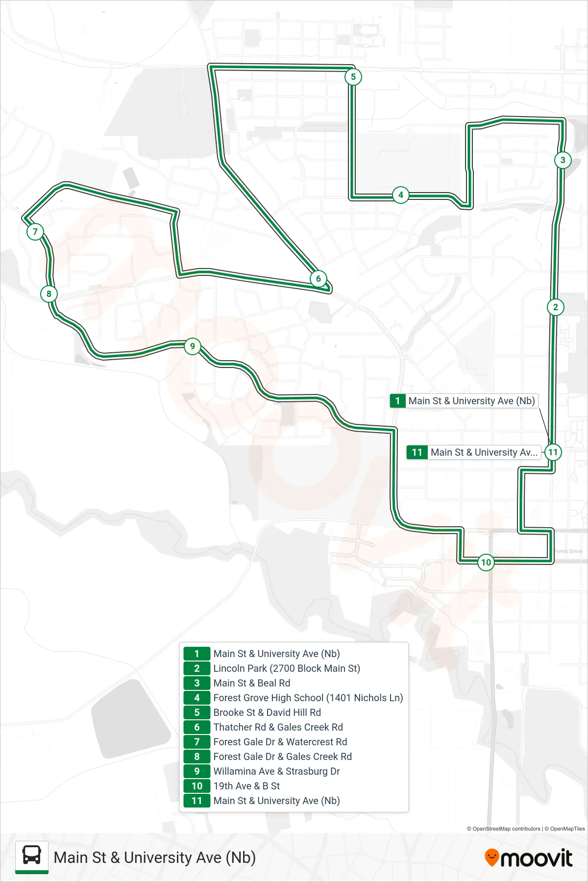 GROVELINK WEST LOOP bus Line (Main St & University Ave (Nb)) route and stops on a map