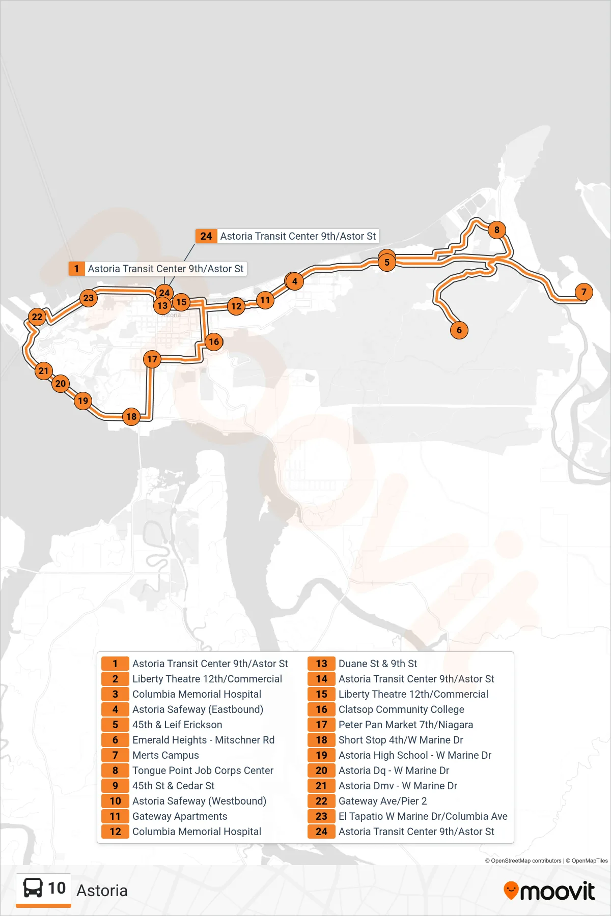 10 tram Line (Astoria) route and stops on a map
