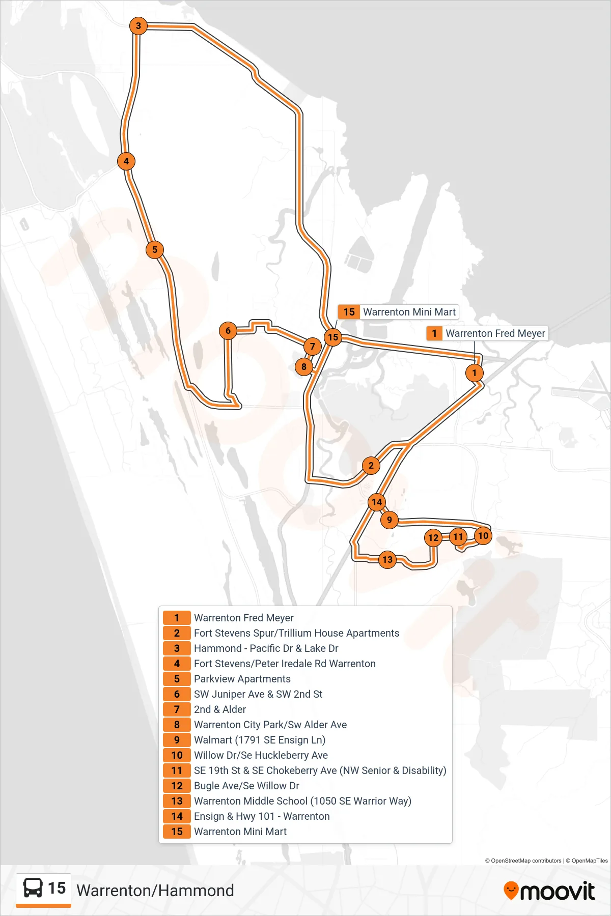 15 tram Line (Warrenton) route and stops on a map