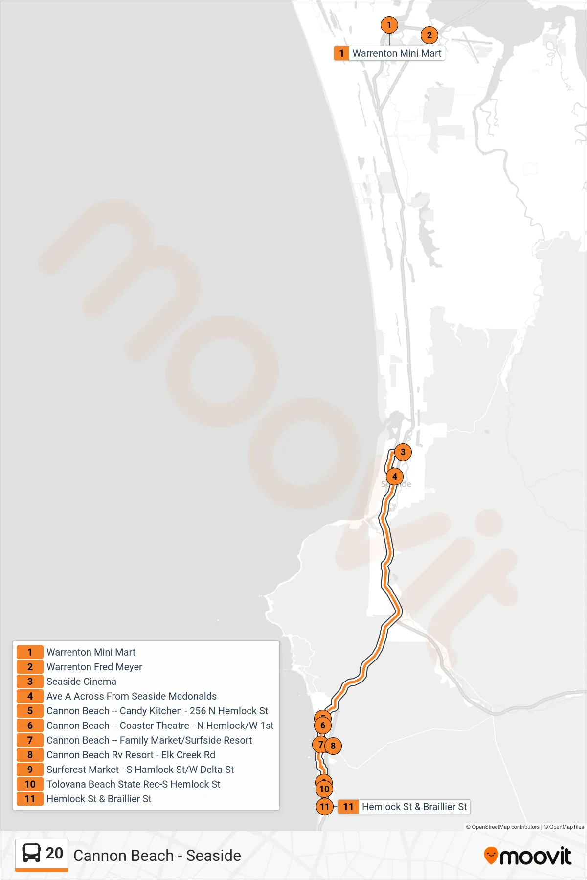 20 tram Line (Cannon Beach) route and stops on a map