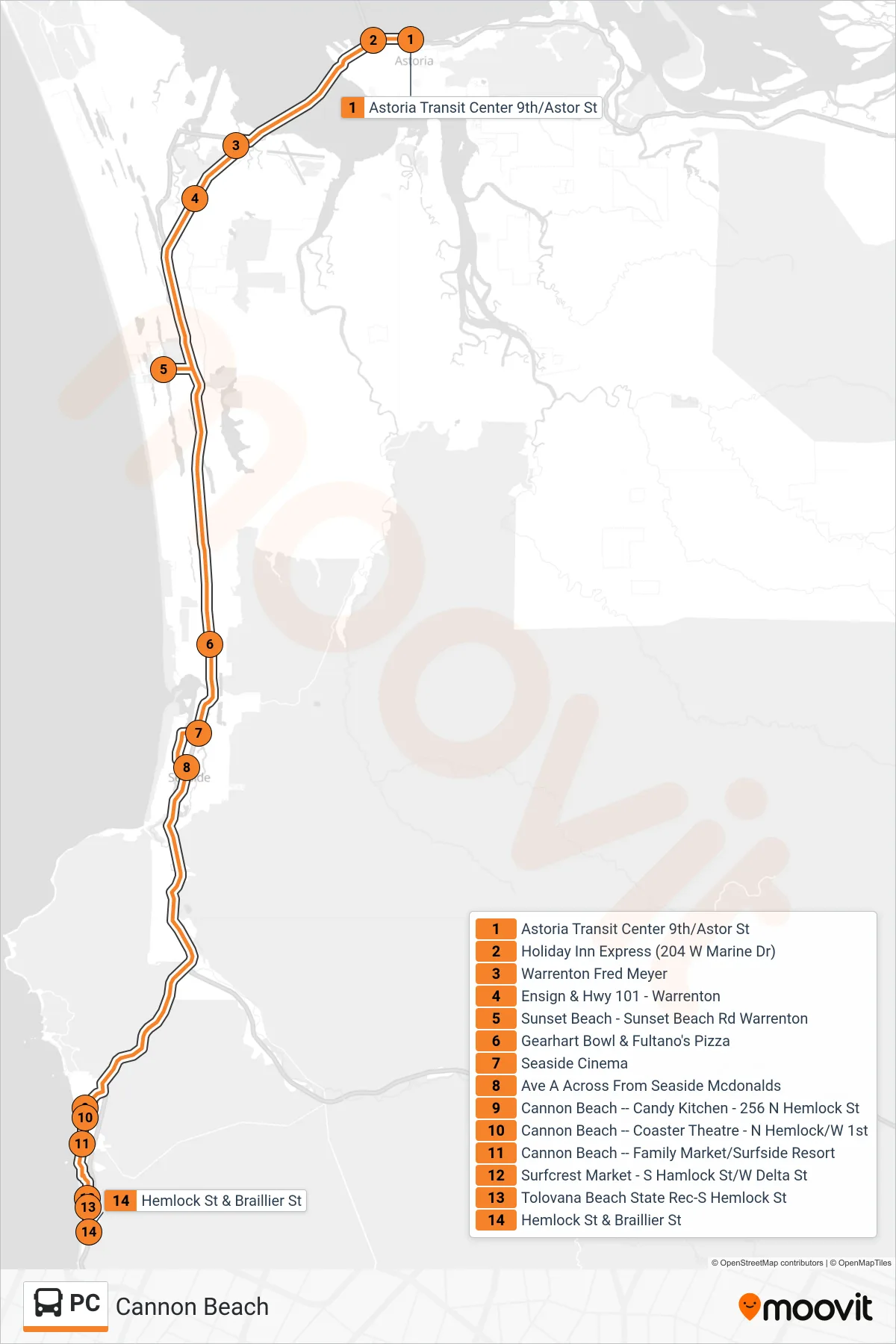 PC tram Line (Cannon Beach) route and stops on a map