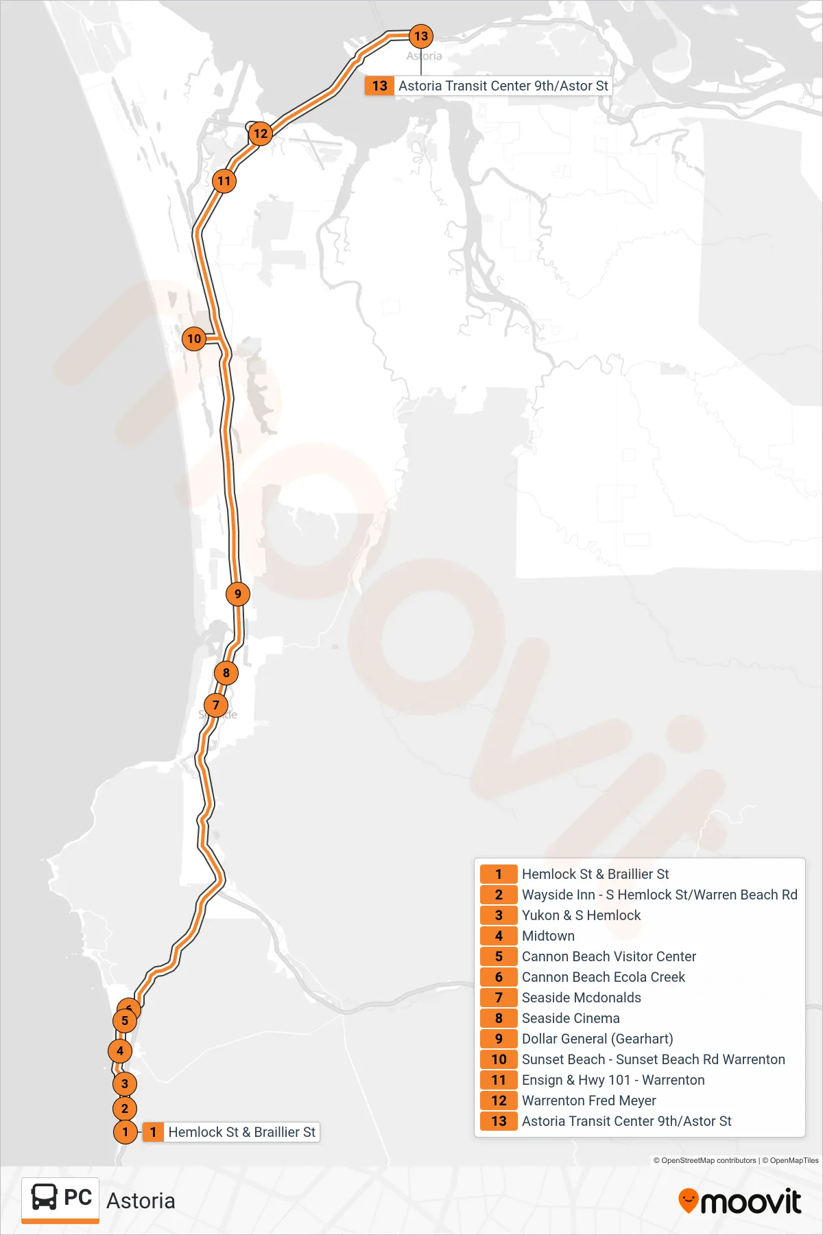 PC tram Line (Astoria) route and stops on a map