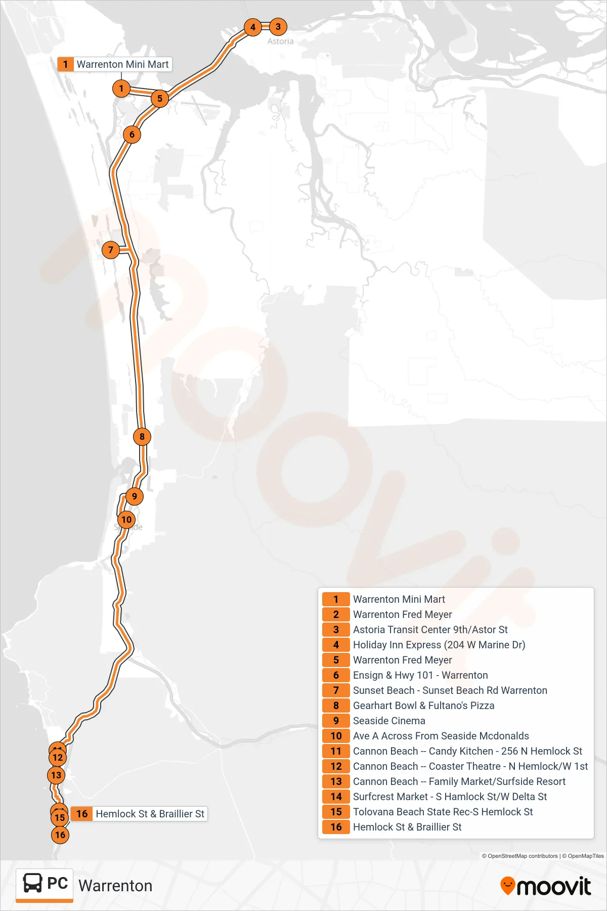 PC tram Line (Warrenton) route and stops on a map