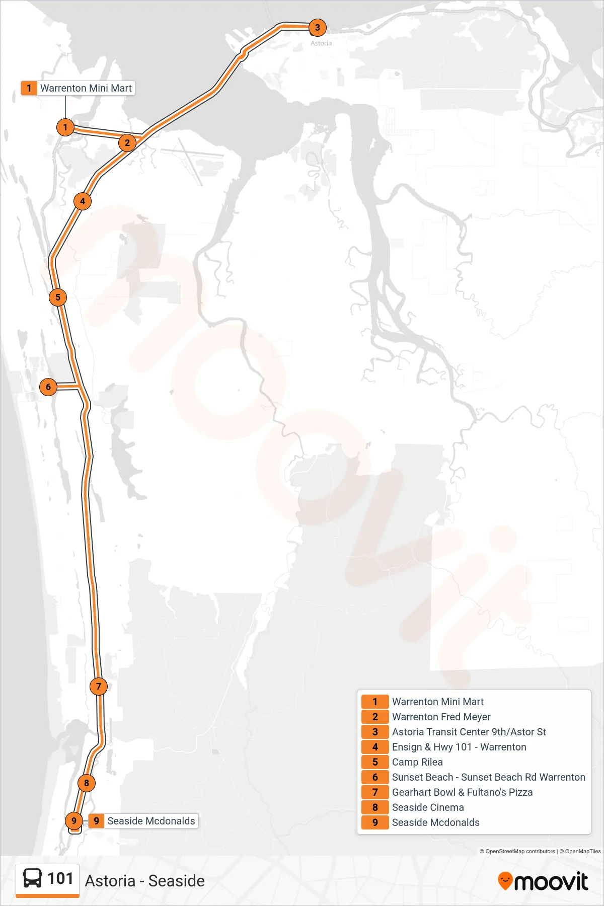 101 tram Line (Seaside) route and stops on a map