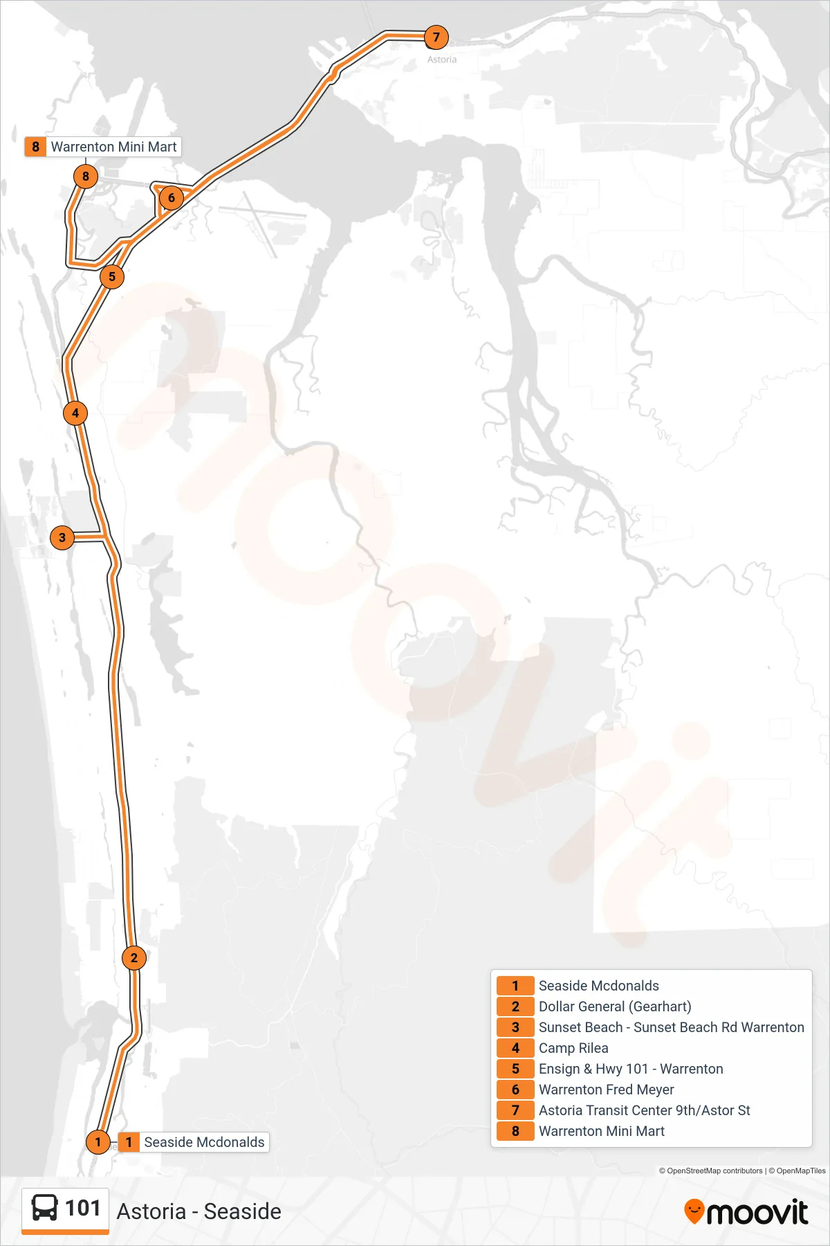 101 tram Line (Astoria) route and stops on a map
