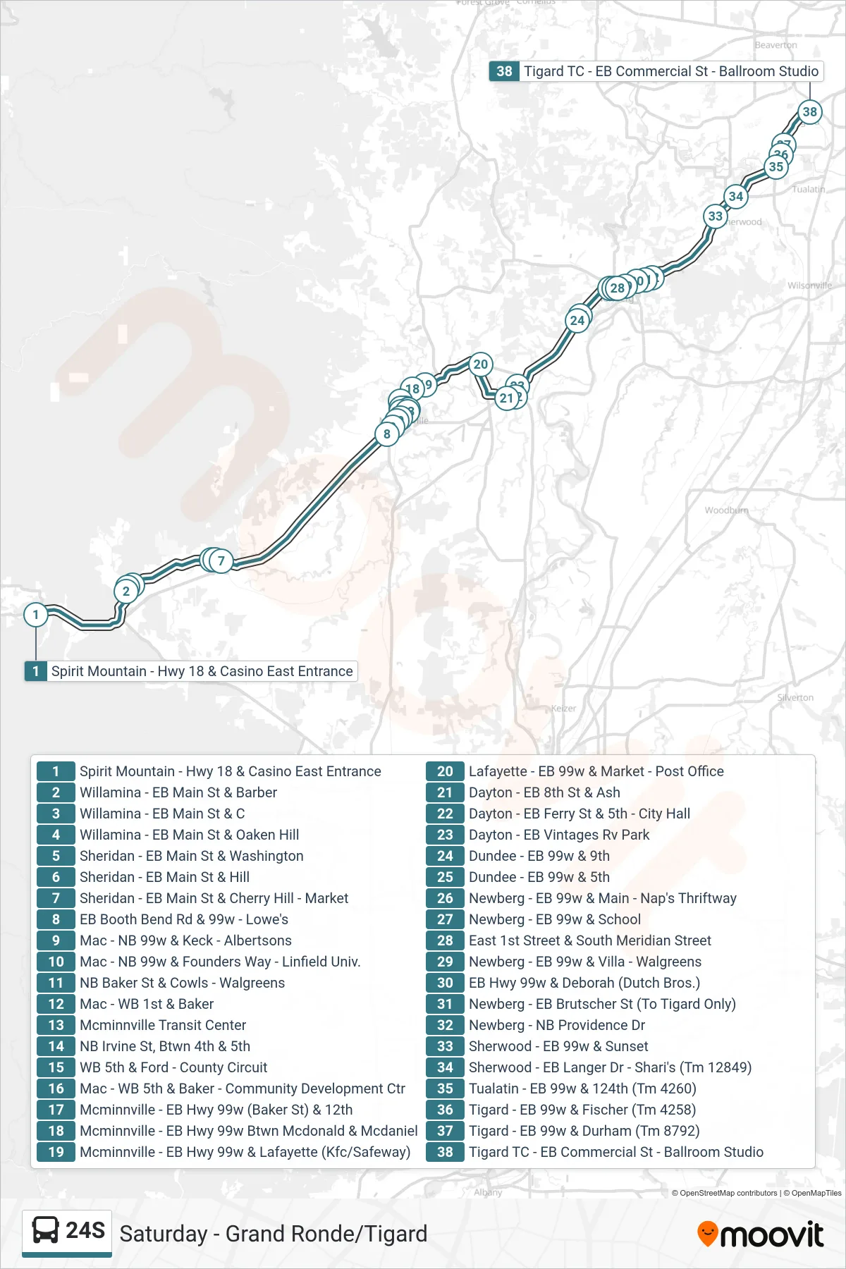 24S bus Line (Tigard Transit Center) route and stops on a map