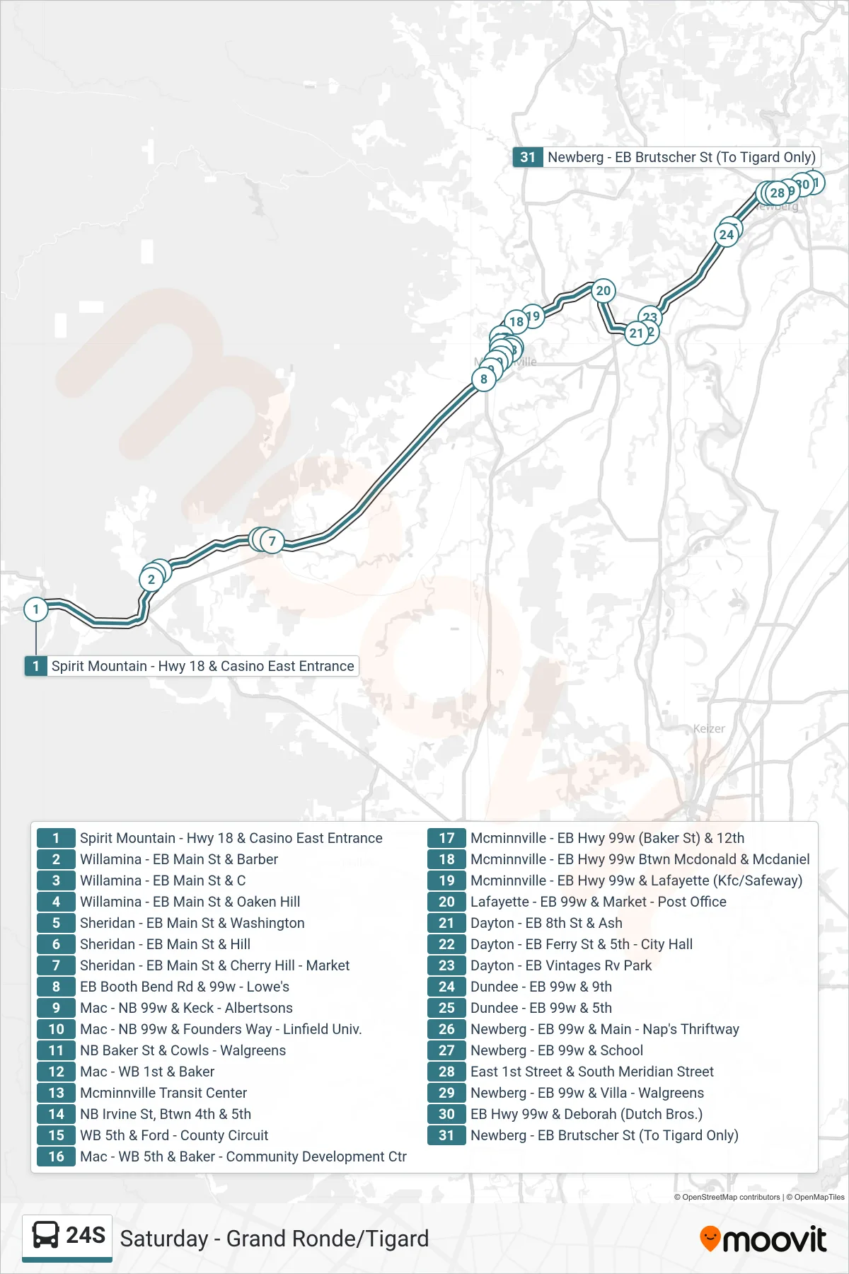 24S bus Line (End Entry) route and stops on a map