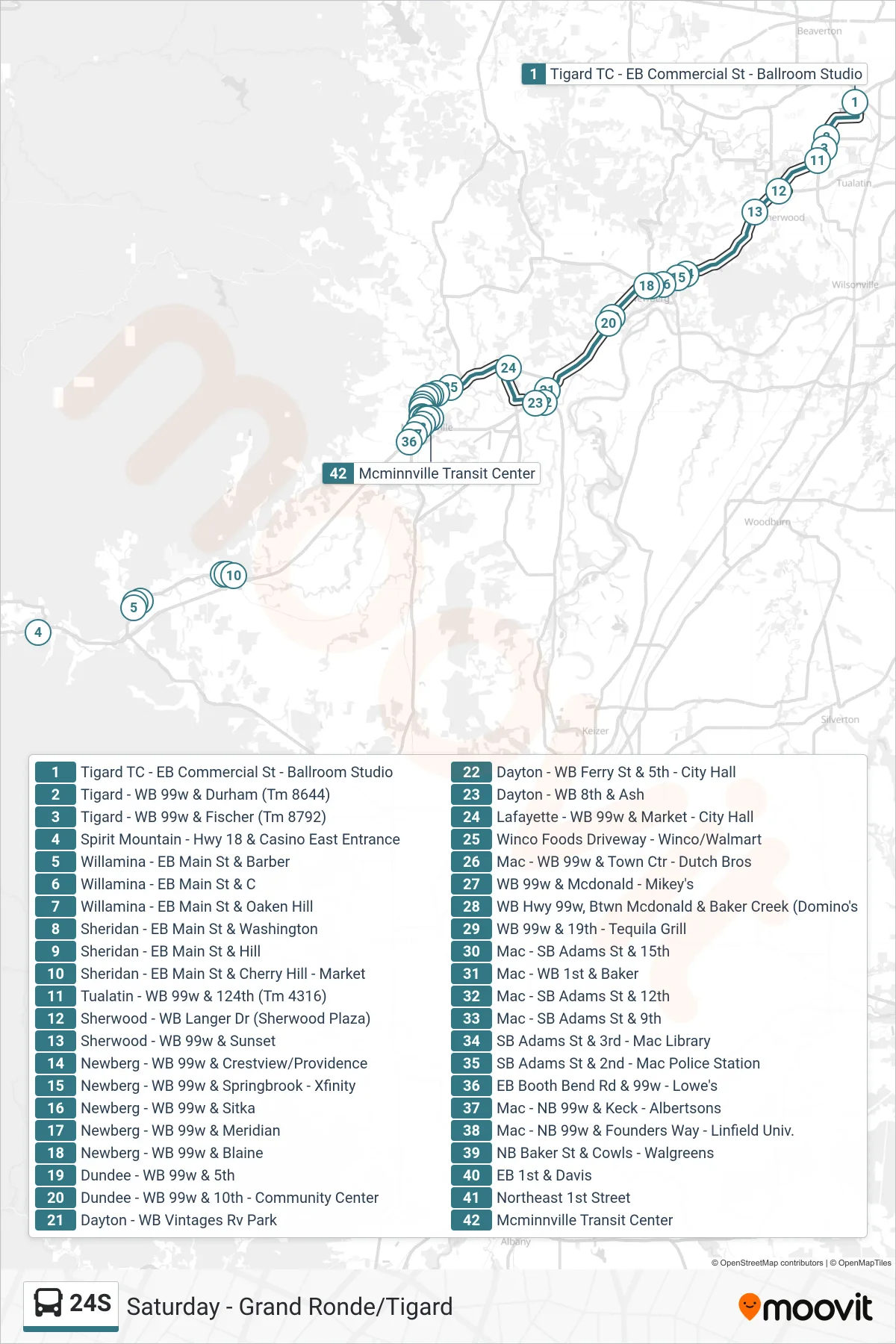 24S bus Line (Mcminnville Transit Center) route and stops on a map
