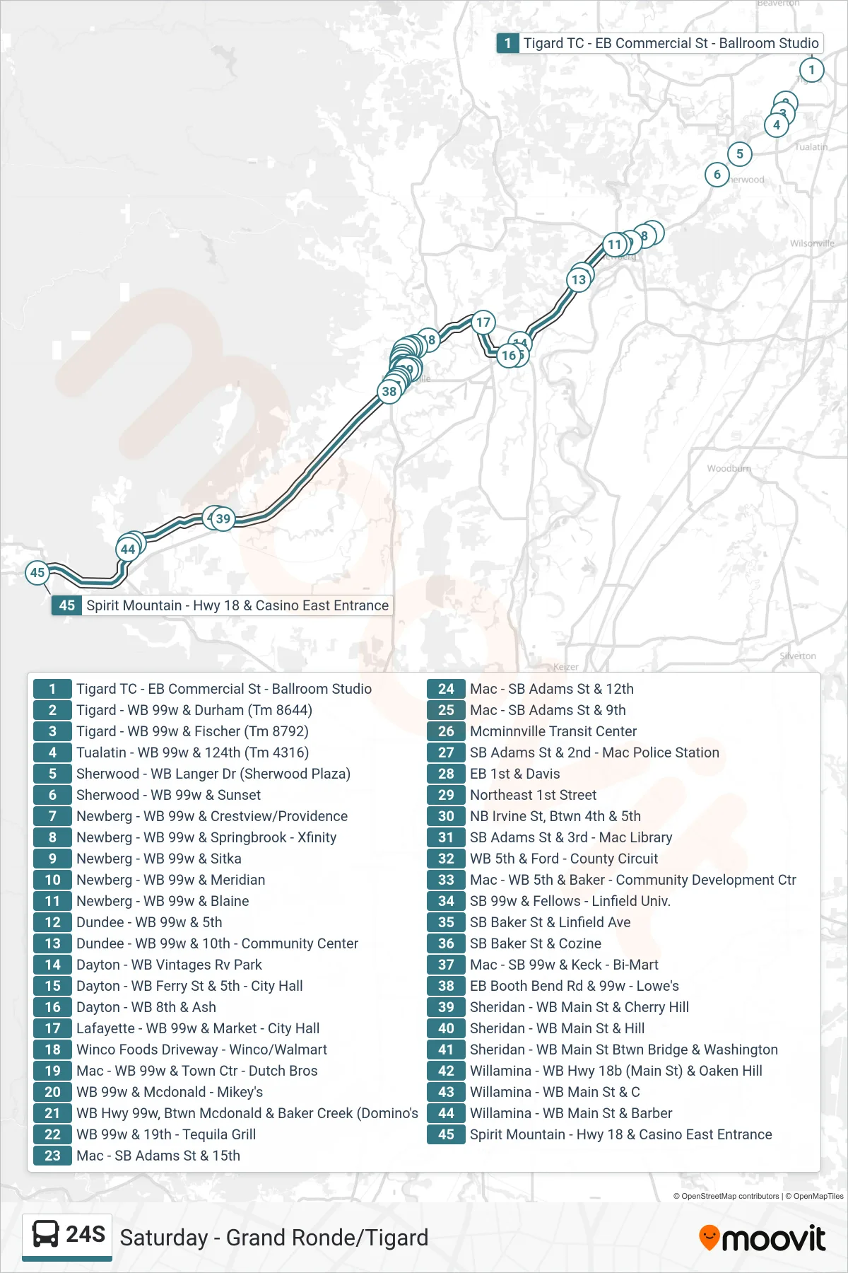 24S bus Line (Spirit Mountain Casino) route and stops on a map