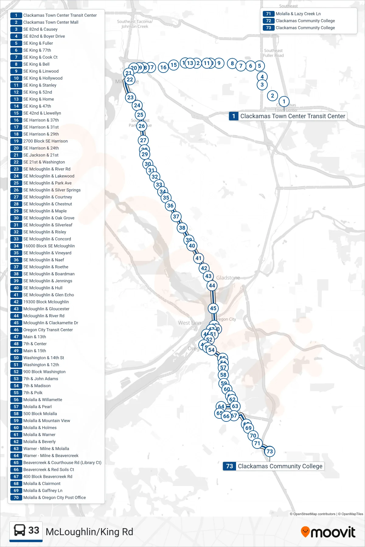 33 bus Line (Clackamas Community College) route and stops on a map
