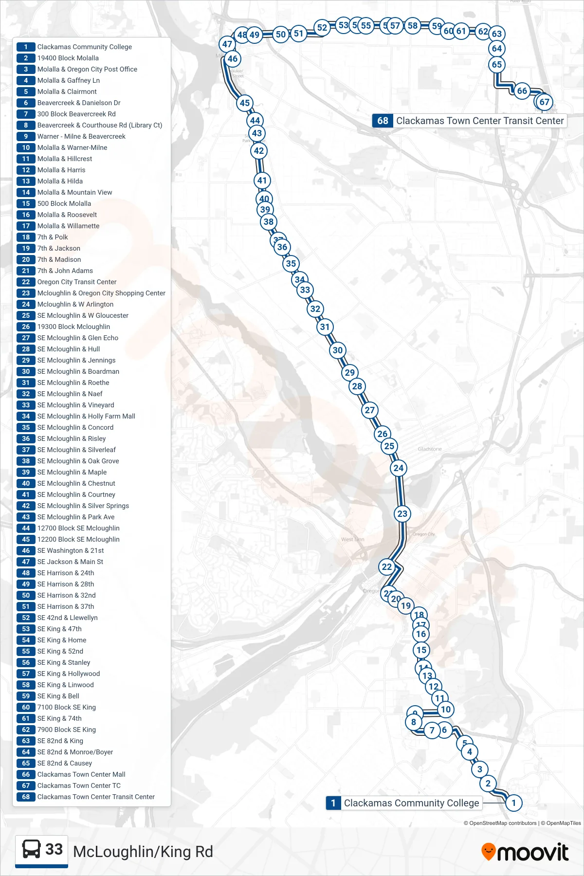33 bus Line (Clackamas Town Center Transit Center) route and stops on a map