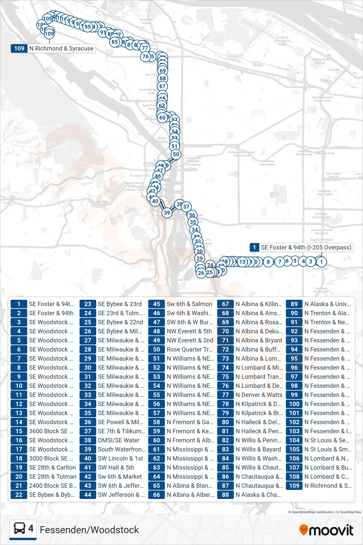 4 bus Line (N Richmond & Syracuse) route and stops on a map