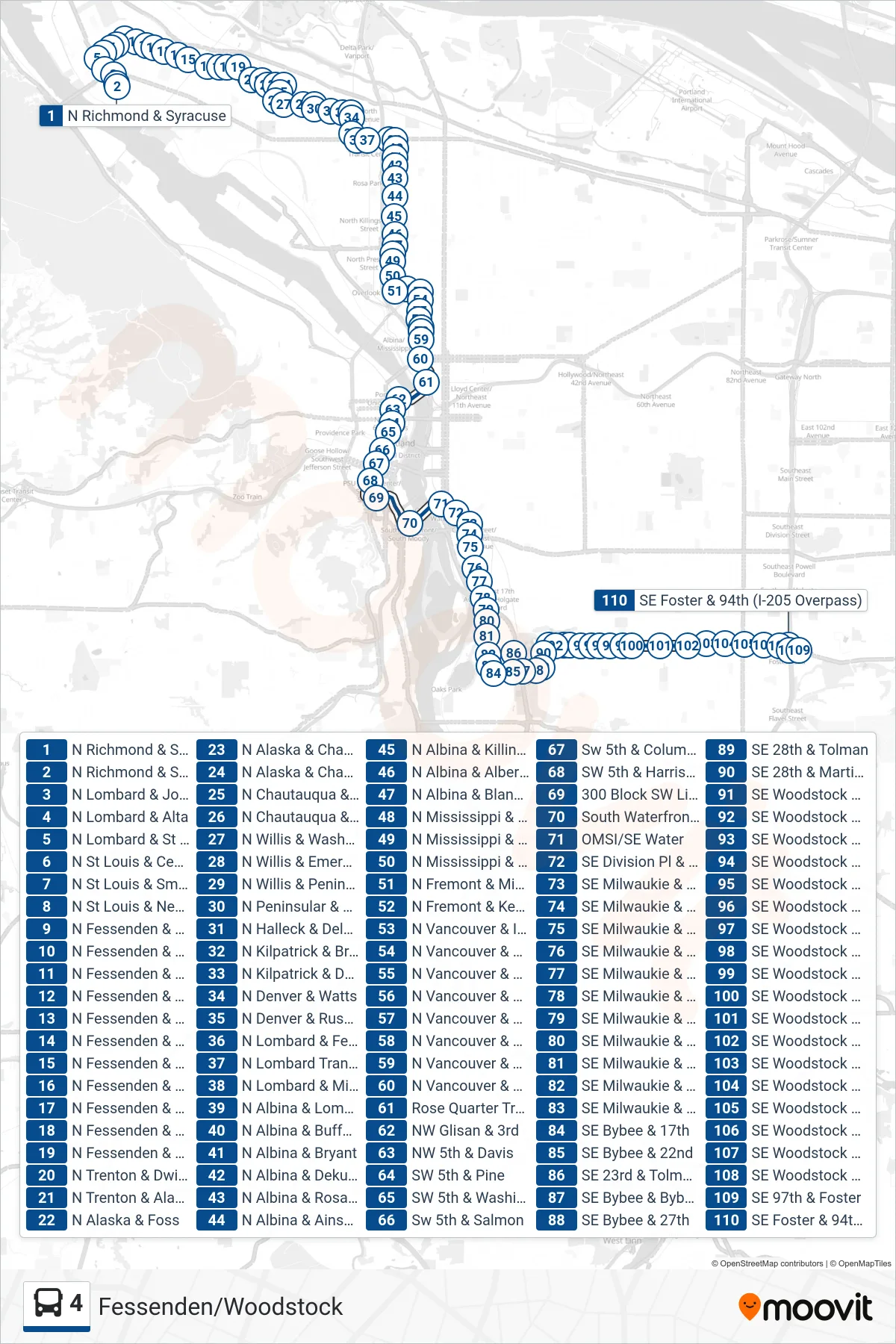 4 bus Line (SE Foster & 94th (I-205 Overpass)) route and stops on a map
