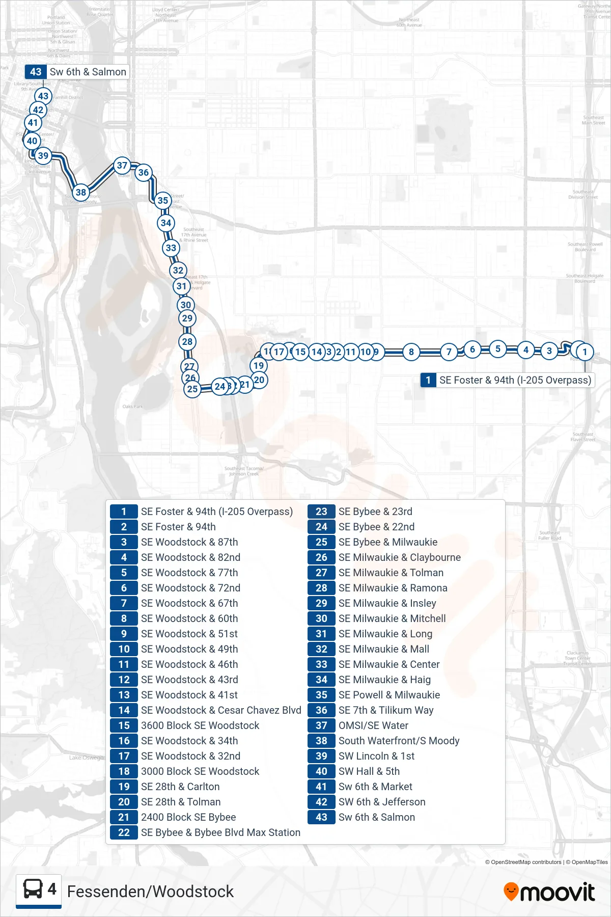 4 bus Line (SW 6th & Salmon) route and stops on a map