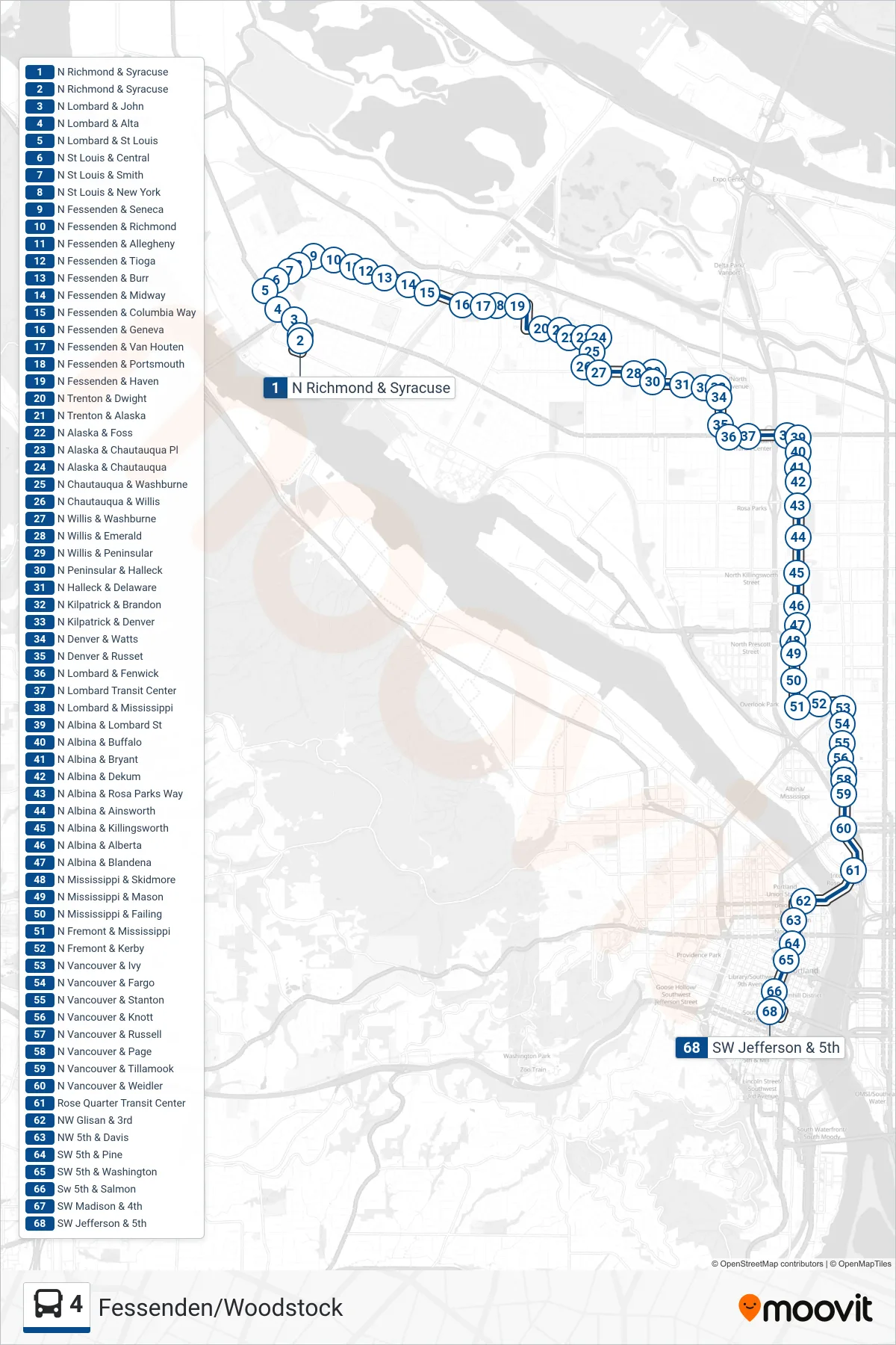 4 bus Line (SW Jefferson & 5th) route and stops on a map