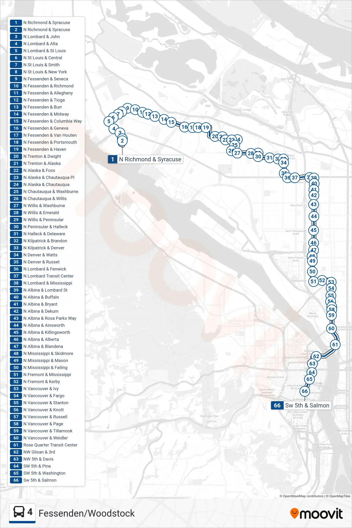 4 bus Line (SW 5th & Salmon) route and stops on a map