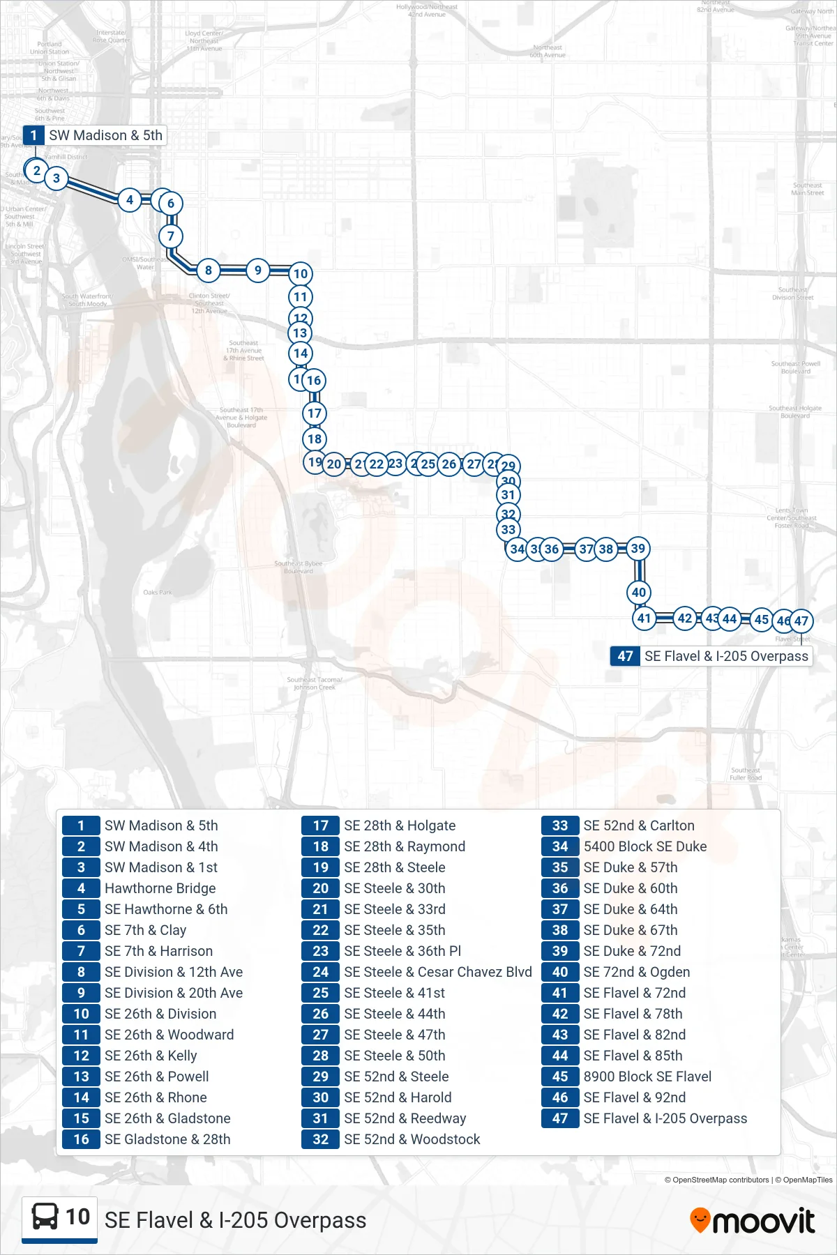 10 bus Line (SE Flavel & I-205 Overpass) route and stops on a map