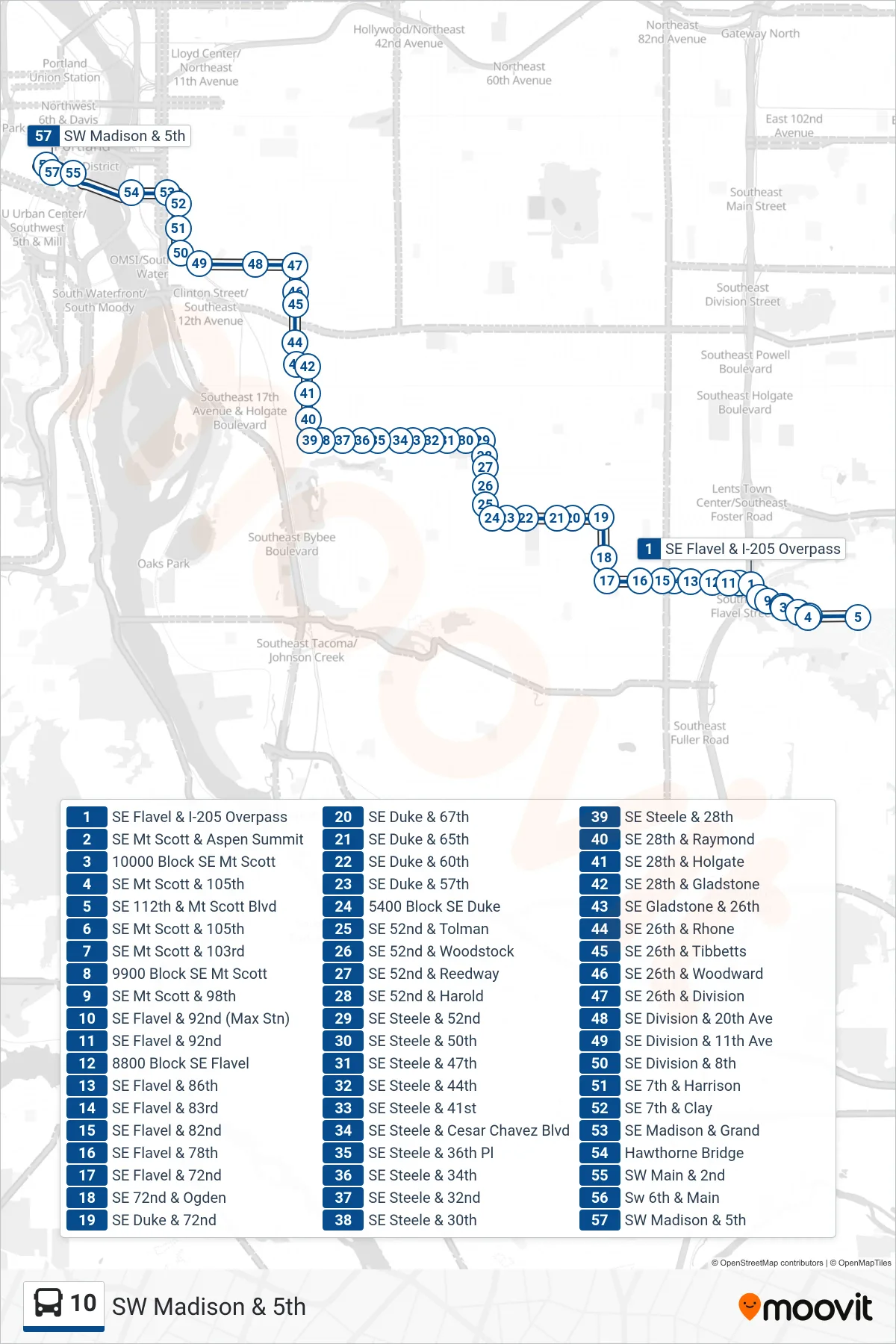 10 bus Line (SW Madison & 5th) route and stops on a map