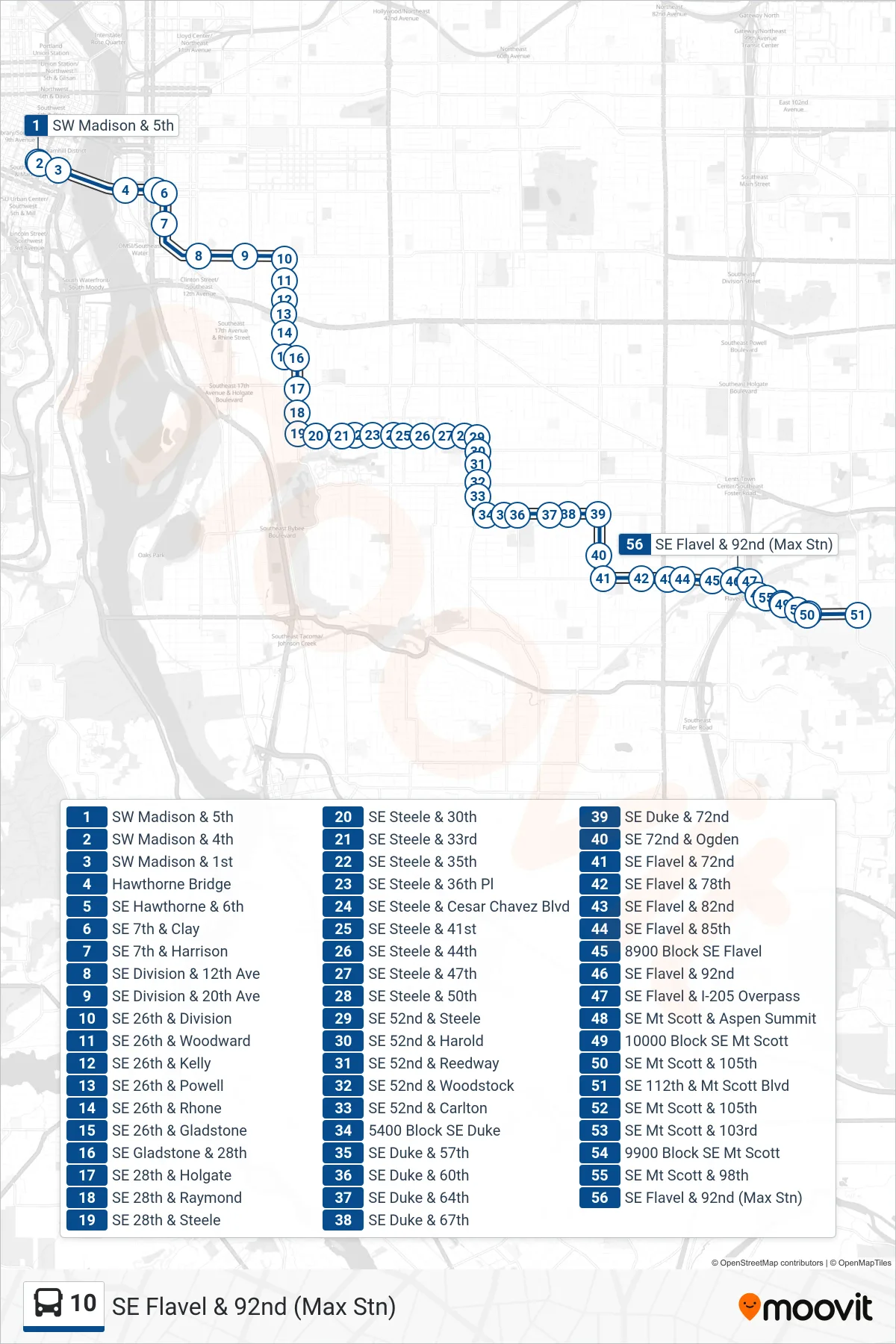 10 bus Line (SE Flavel & 92nd (Max Stn)) route and stops on a map