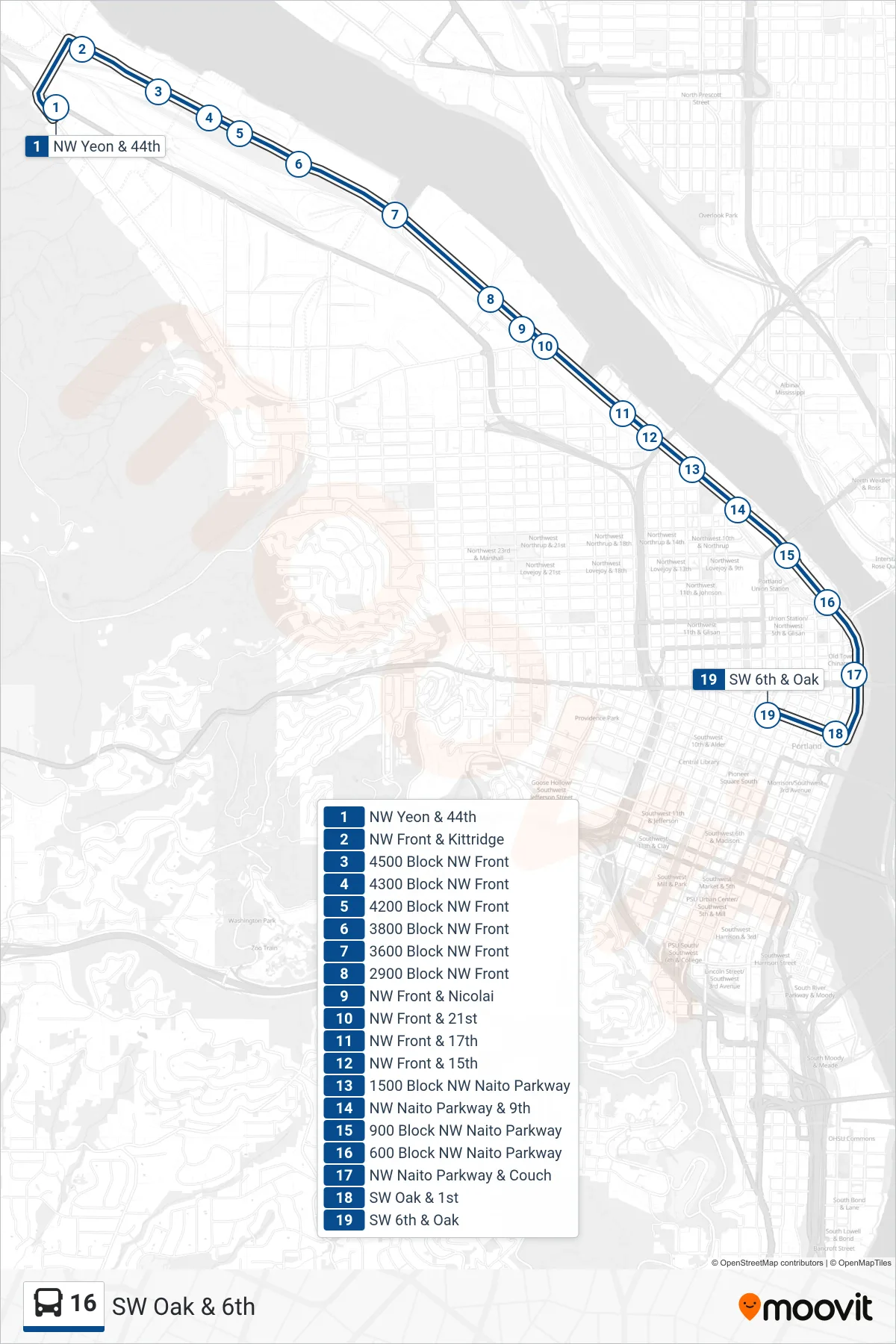 16 bus Line (SW Oak & 6th) route and stops on a map