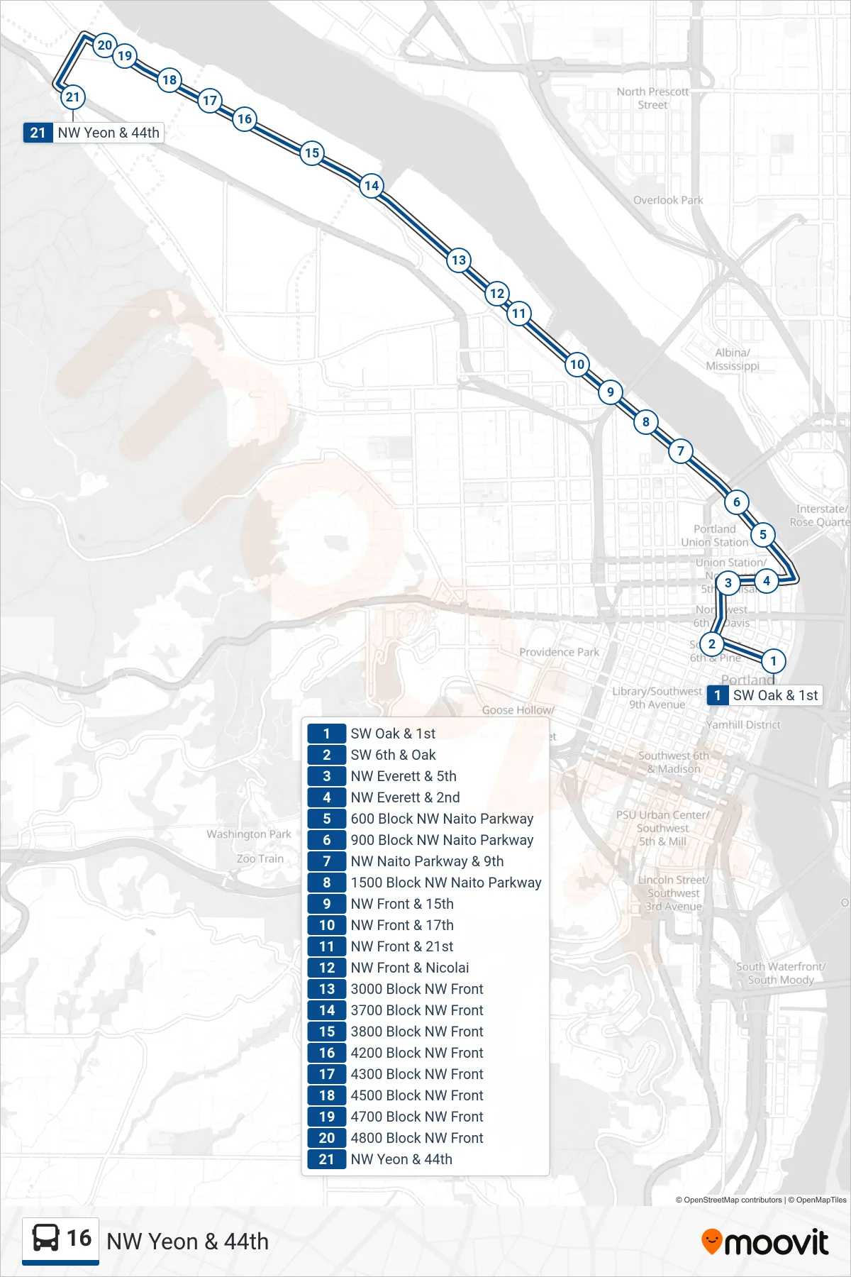 16 bus Line (NW Yeon & 44th) route and stops on a map