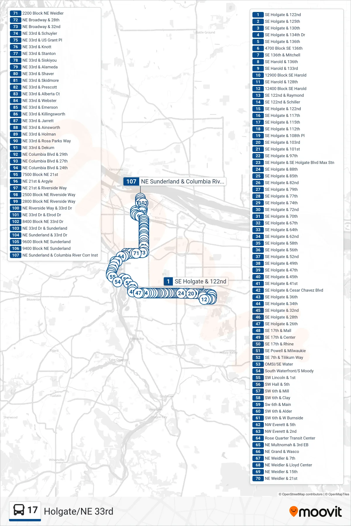 17 bus Line (NE Sunderland & Columbia River Corr Inst) route and stops on a map