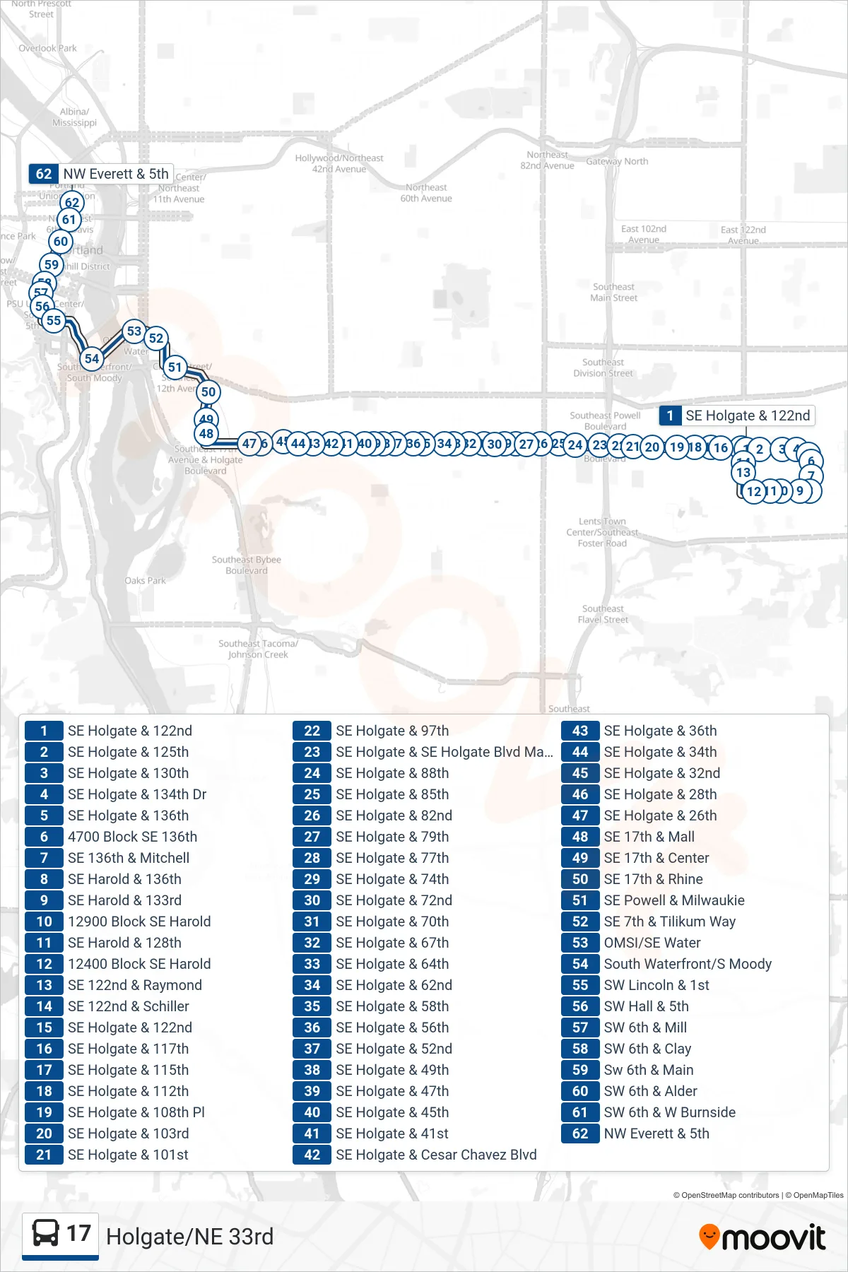 17 bus Line (NW Everett & 5th) route and stops on a map