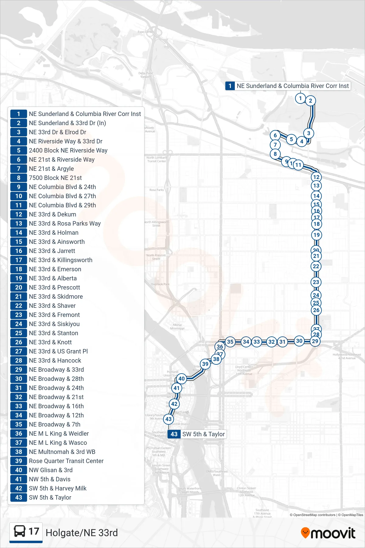 17 bus Line (SW 5th & Taylor) route and stops on a map