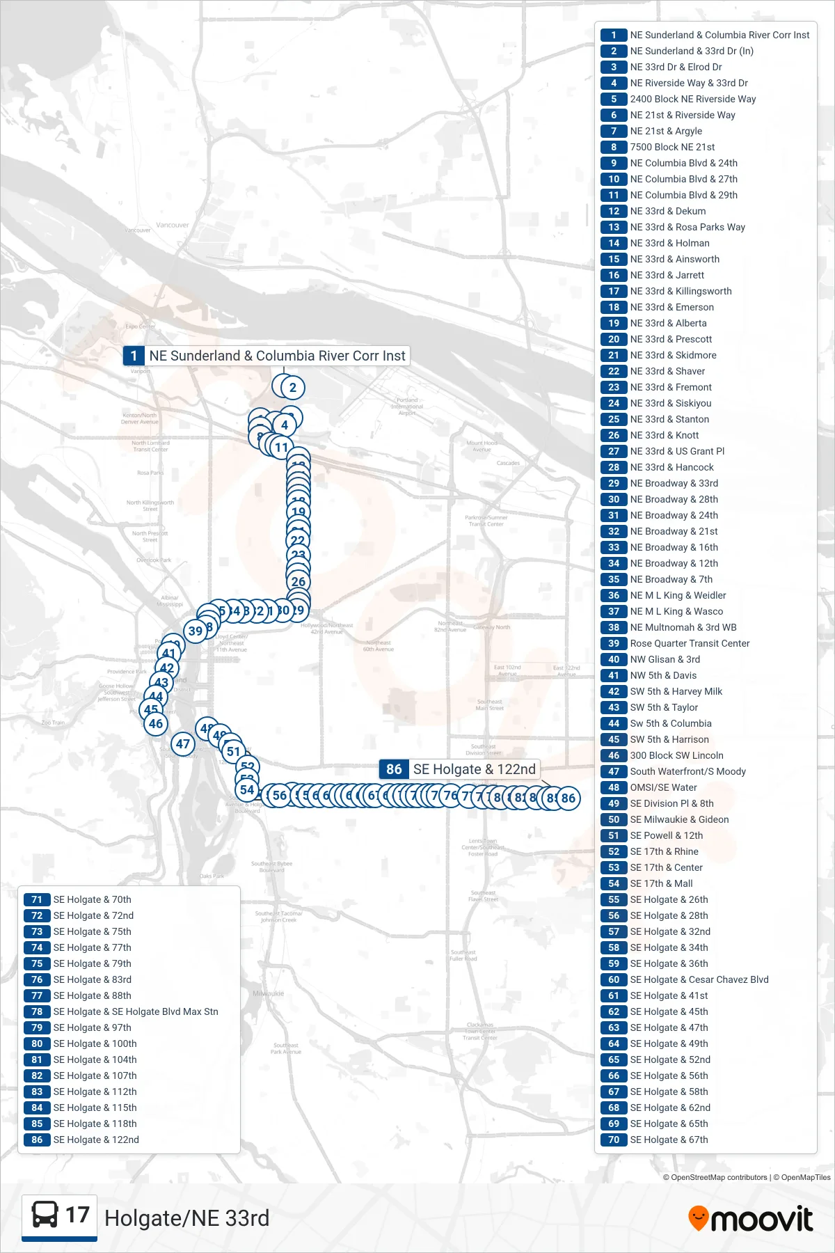 17 bus Line (SE Holgate & 122nd) route and stops on a map