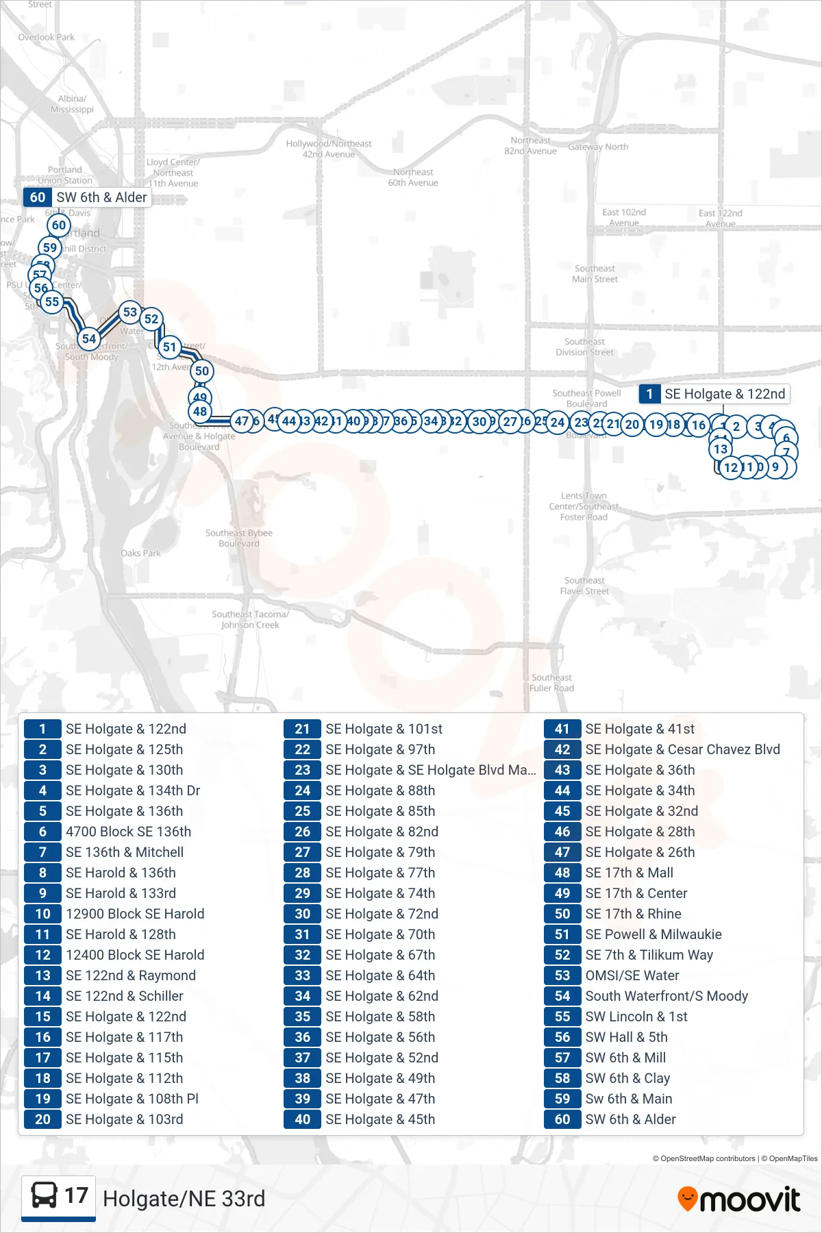 17 bus Line (SW 6th & Alder) route and stops on a map