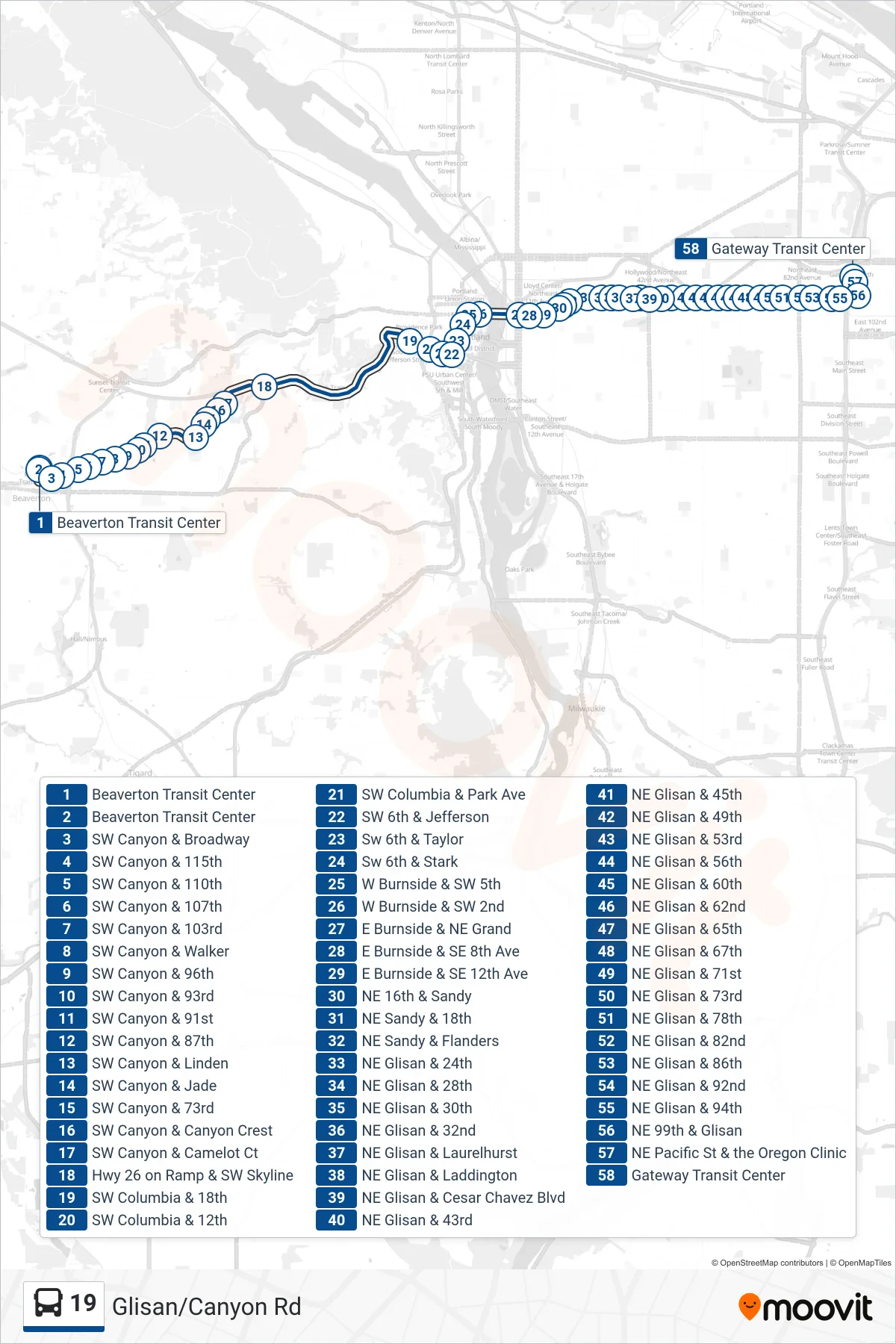 19 bus Line (Gateway TC (Drop Off Only Stop)) route and stops on a map
