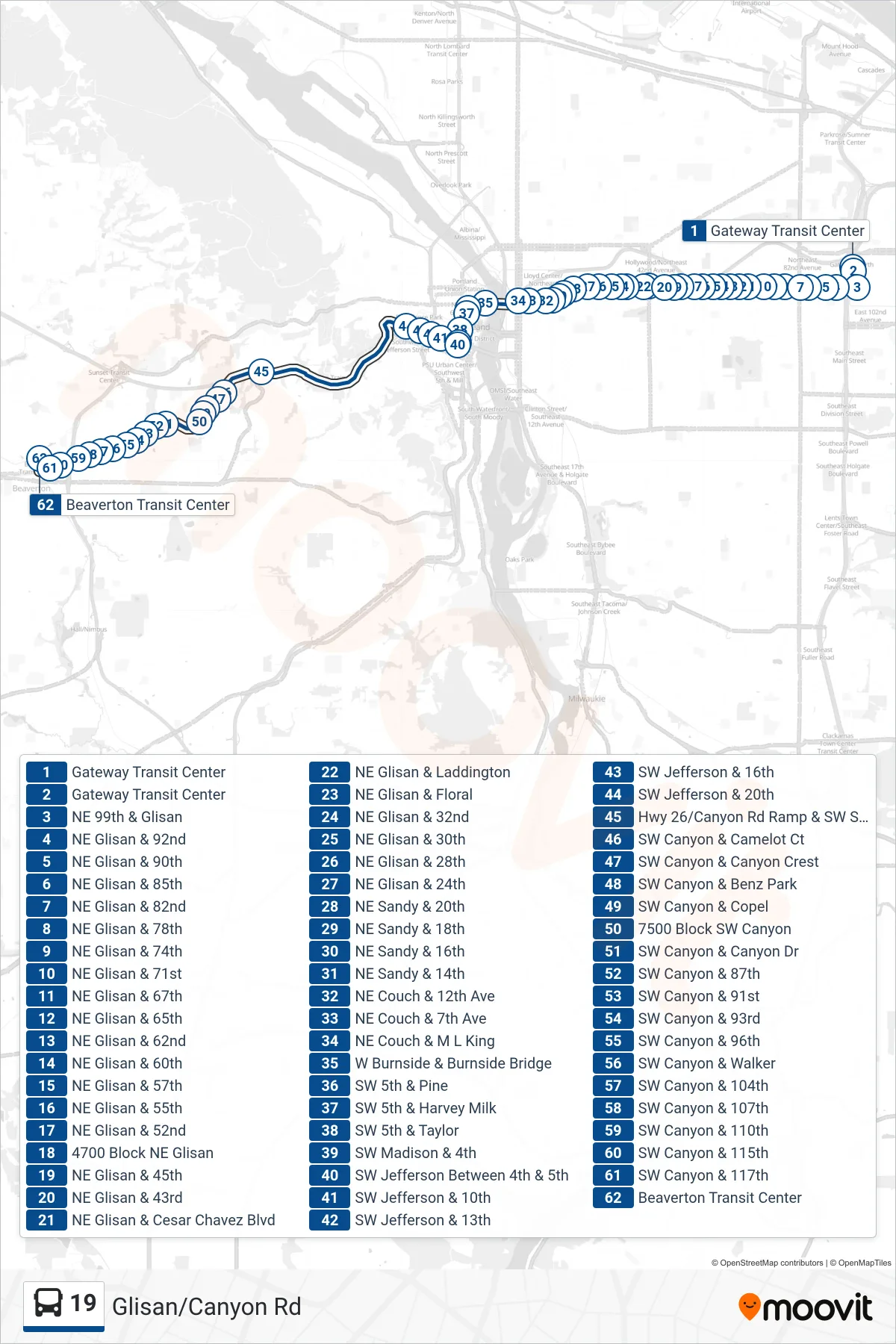 19 bus Line (Beaverton Transit Center) route and stops on a map