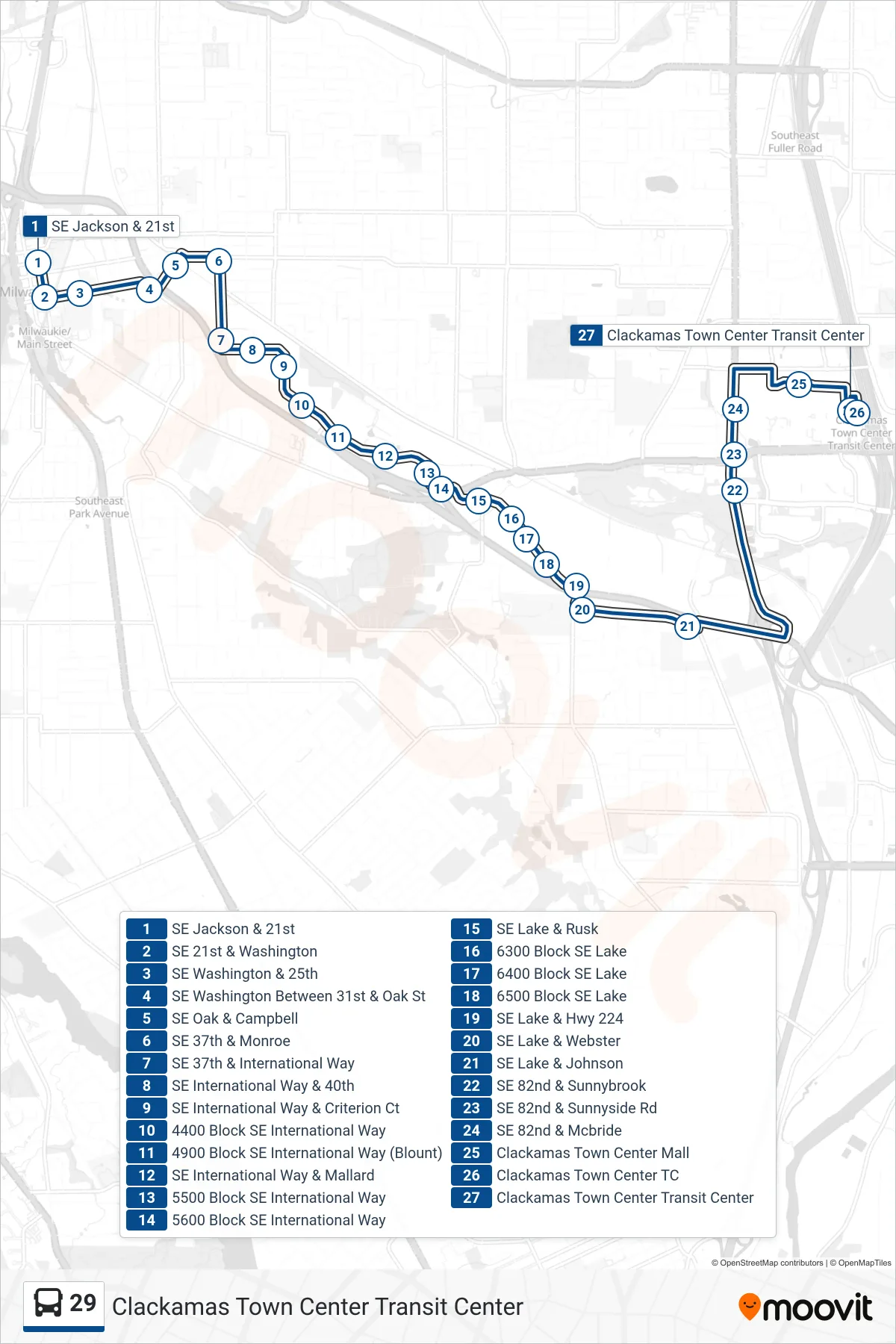 29 bus Line (Clackamas Town Center Transit Center) route and stops on a map