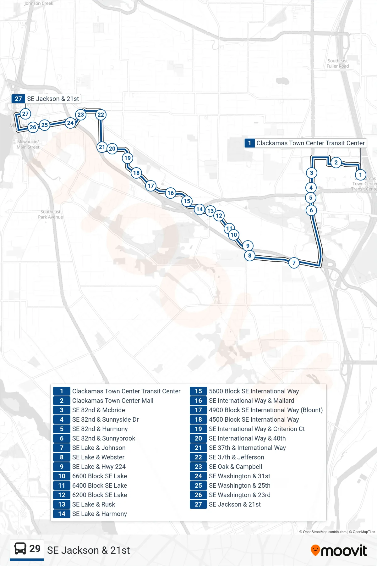 29 bus Line (SE Jackson & 21st) route and stops on a map