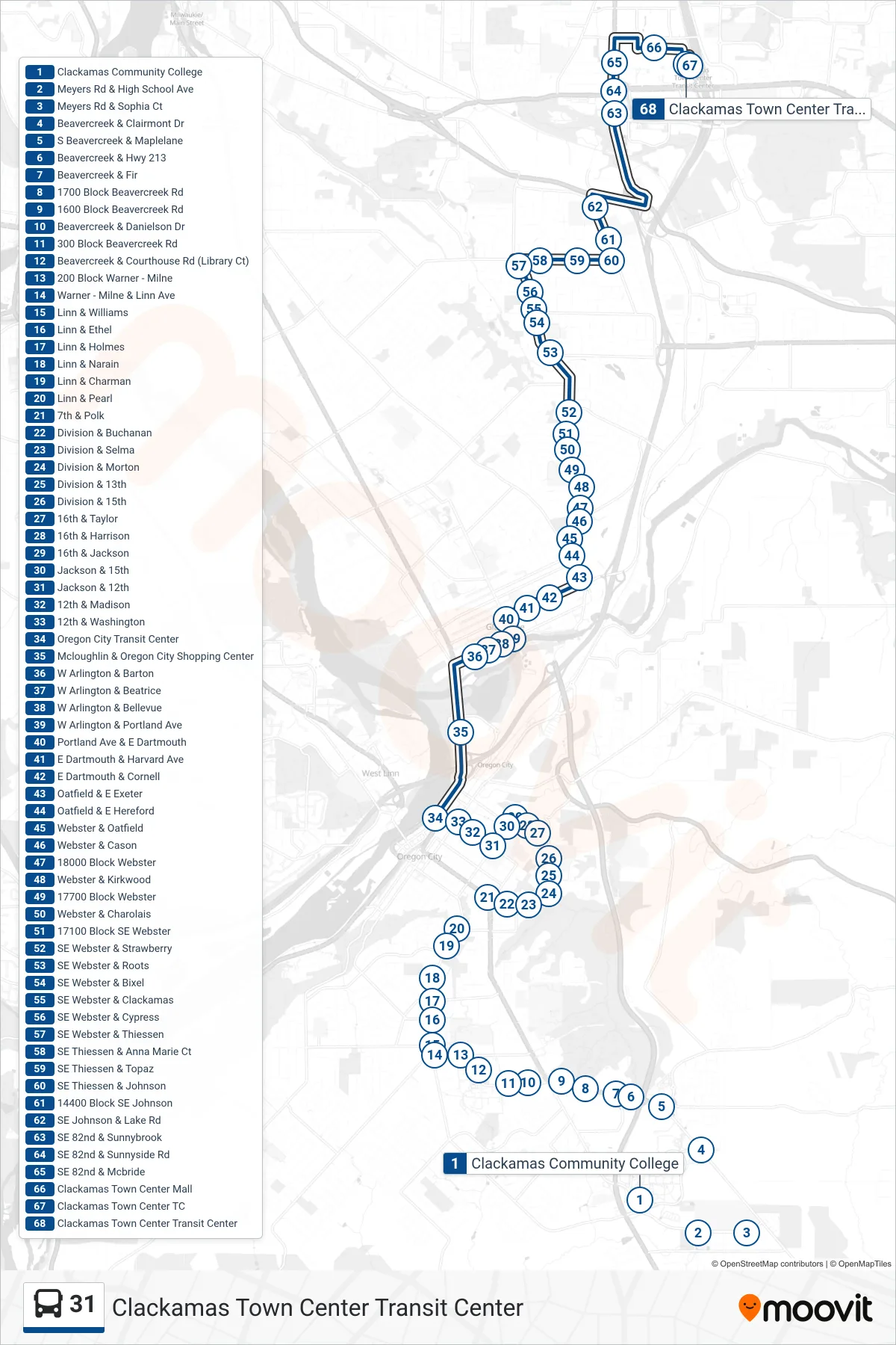 31 bus Line (Clackamas Town Center Transit Center) route and stops on a map