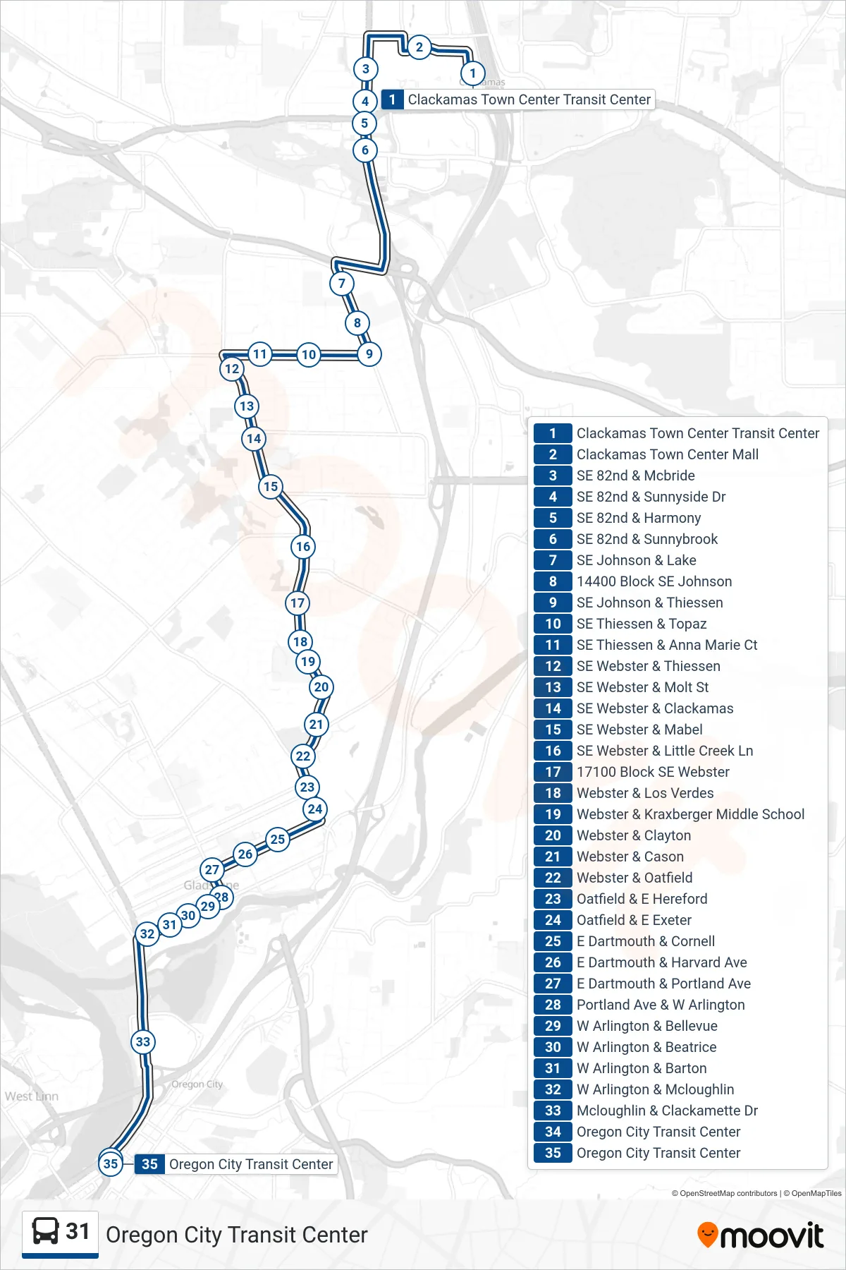31 bus Line (Oregon City Transit Center) route and stops on a map