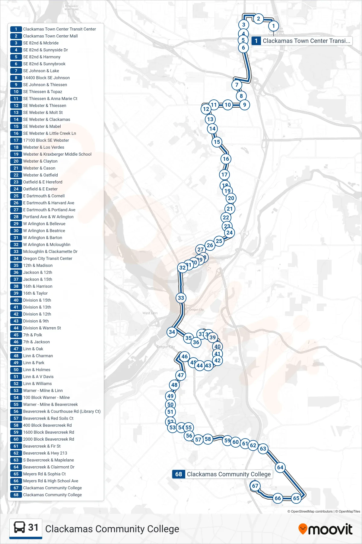 31 bus Line (Clackamas Community College) route and stops on a map