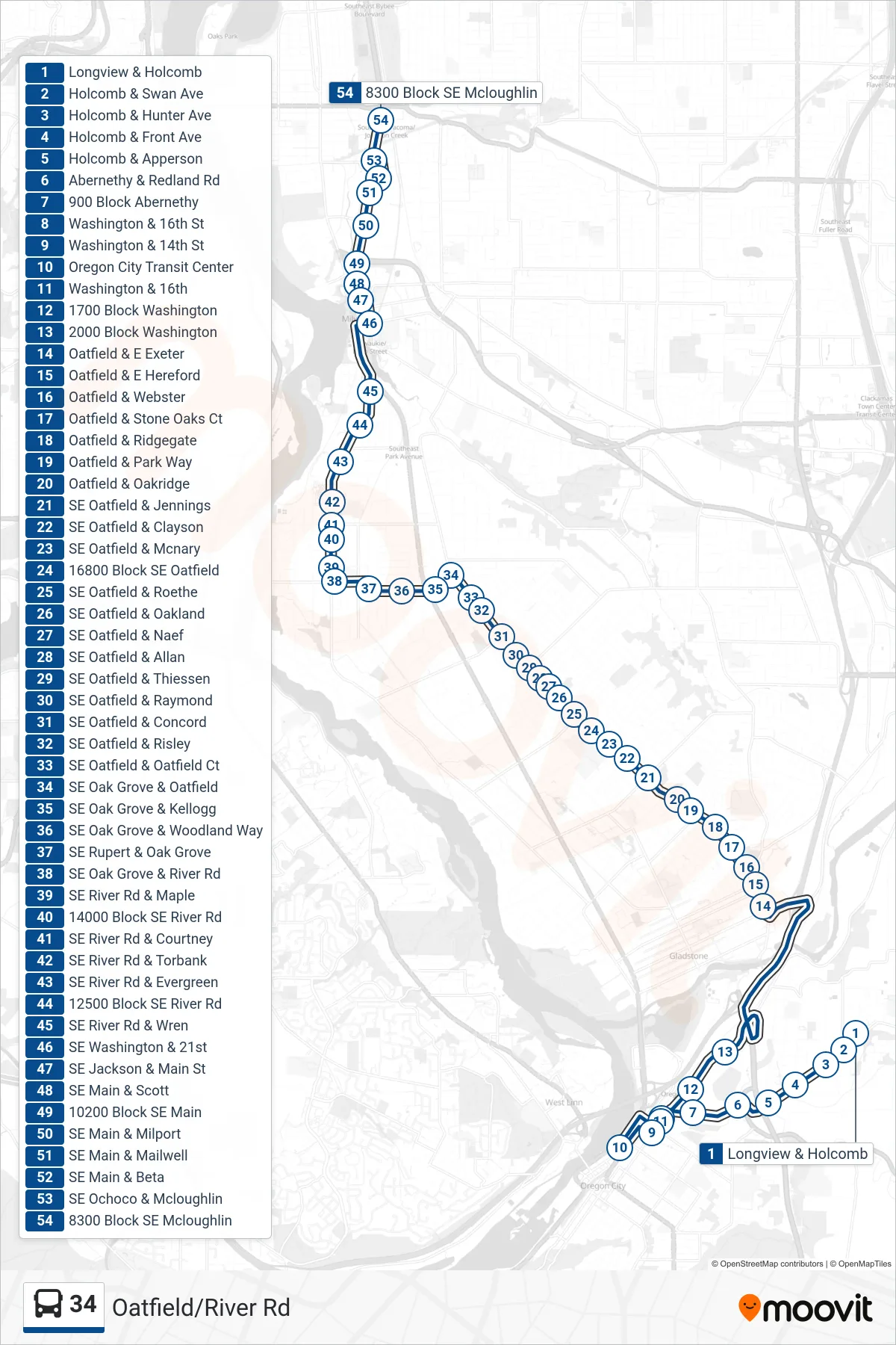 34 bus Line (8300 Block SE Mcloughlin) route and stops on a map