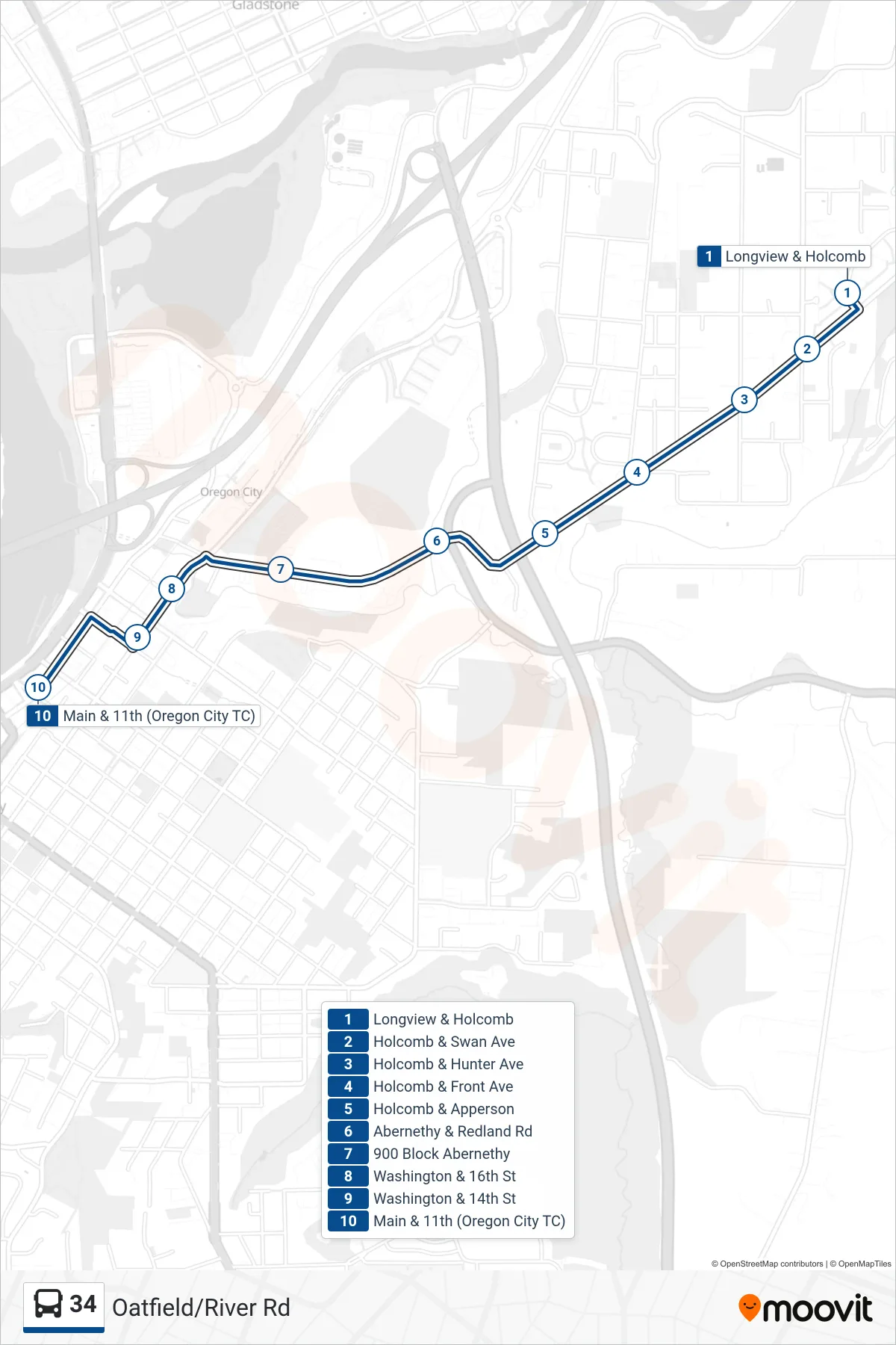 34 bus Line (Main & 11th (Oregon City TC)) route and stops on a map