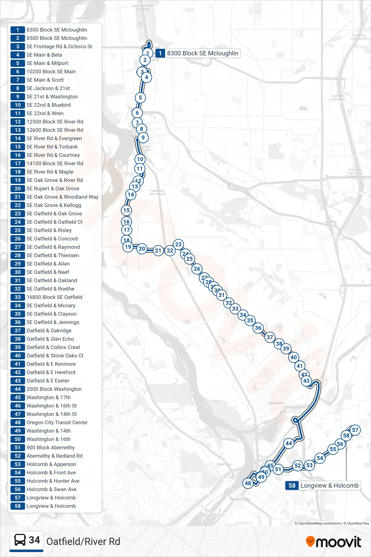 34 bus Line (Longview & Holcomb) route and stops on a map
